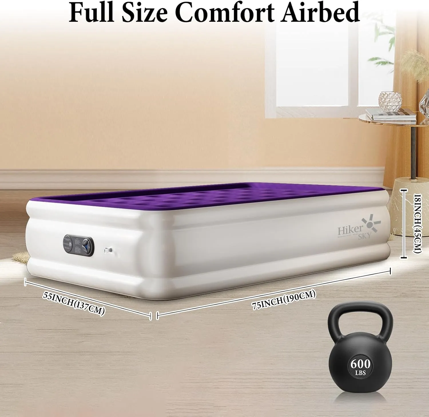 Full Air Mattress with Built in Pump, Inflatable Mattress for Home, Blow up Air Bed 3 Min Quick Inflation and Deflation, Thin Velvet Top, 18'' Full Size Purple