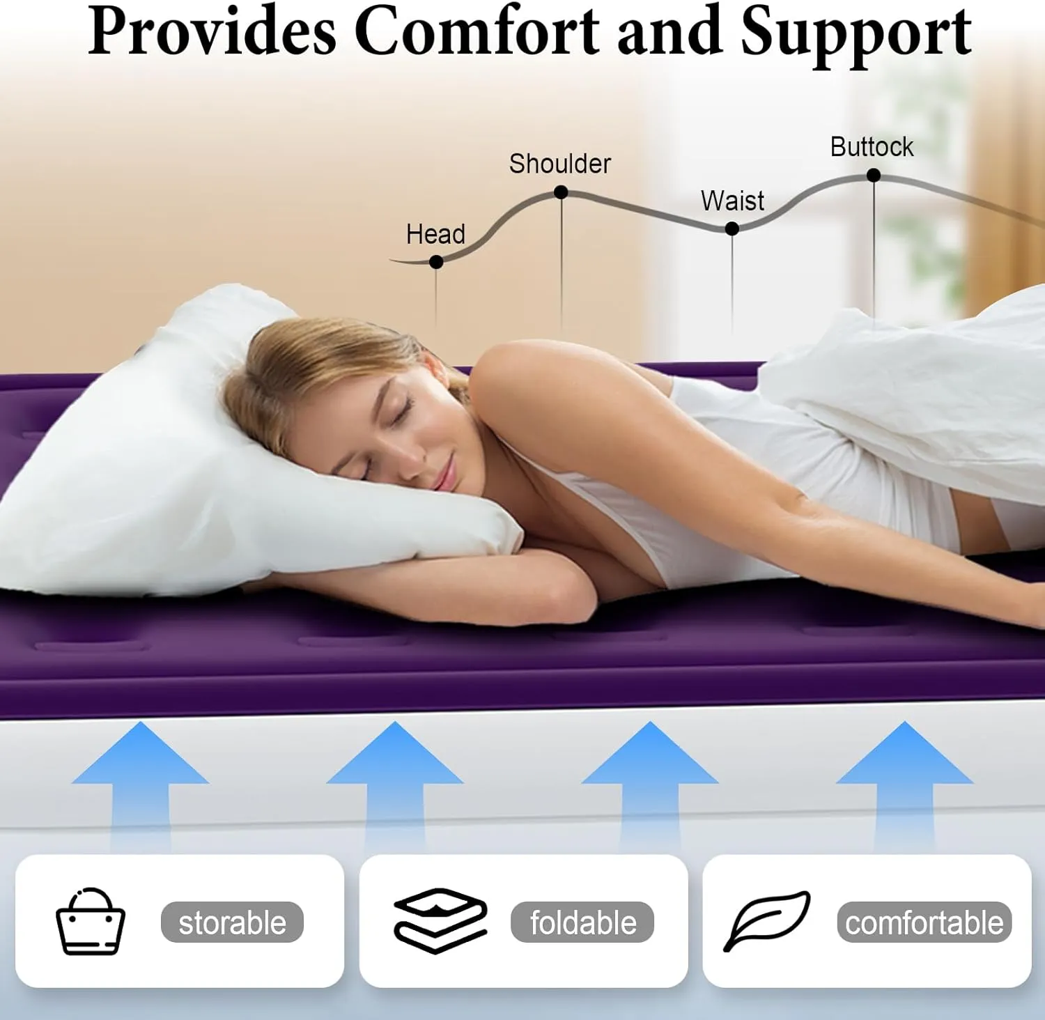Full Air Mattress with Built in Pump, Inflatable Mattress for Home, Blow up Air Bed 3 Min Quick Inflation and Deflation, Thin Velvet Top, 18'' Full Size Purple