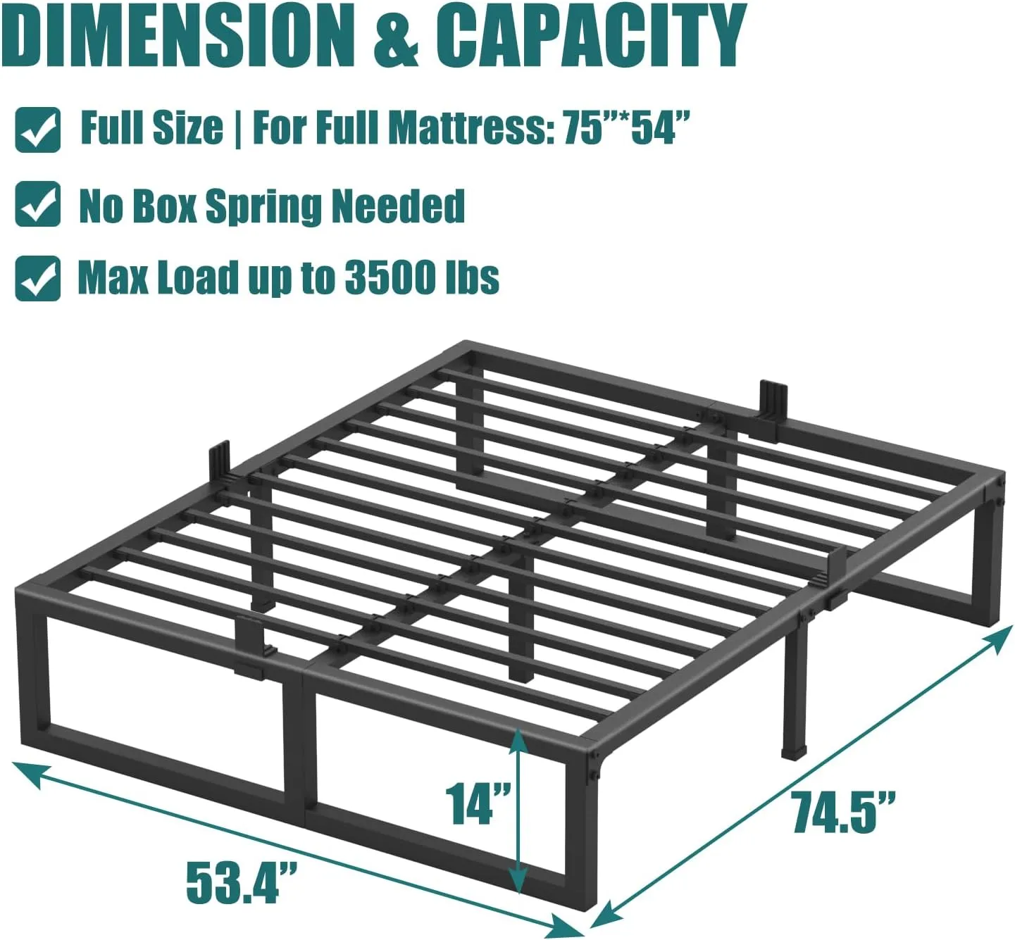 Full Size Bed Frame, 14 Inch Heavy Duty Support 3500 lbs Metal Platform, No Box Spring Needed/Noise Free/Non-Slip/Steel Slat Support/Easy Assembly