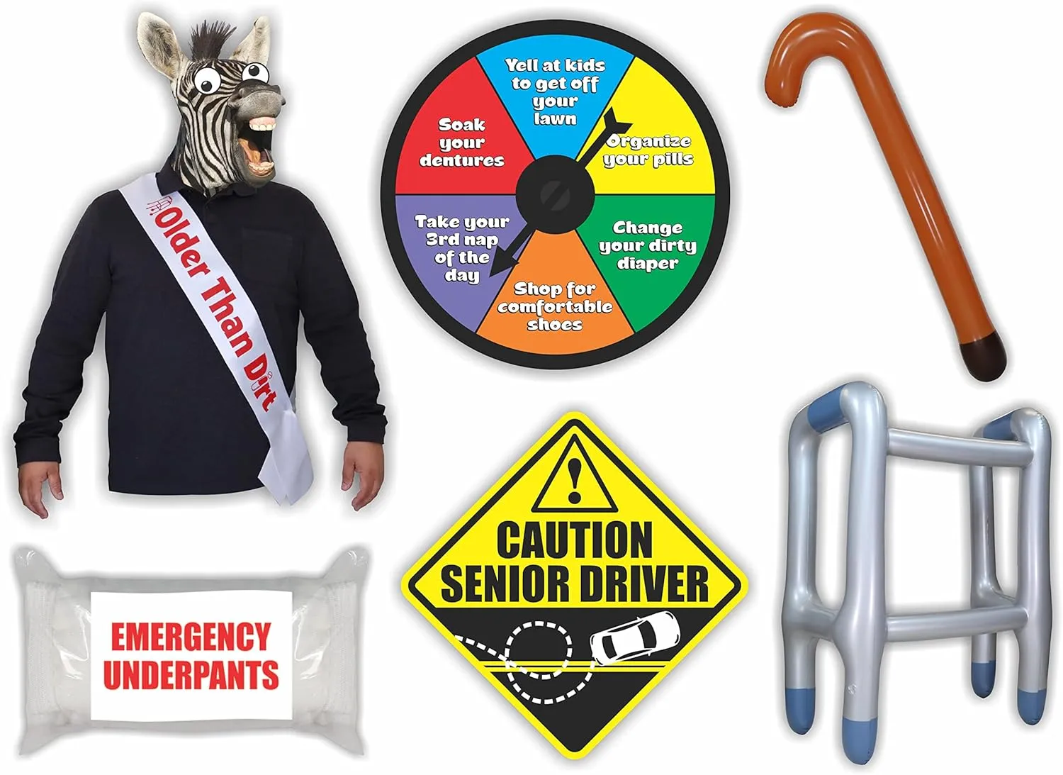 Funny Prank Gag Kit Set for Any Year Old Dad, Mom, Grandma, Grandpa, Men, Women & Even Teenagers, This Over Hill Retirement Joke for Old People Home and Office.