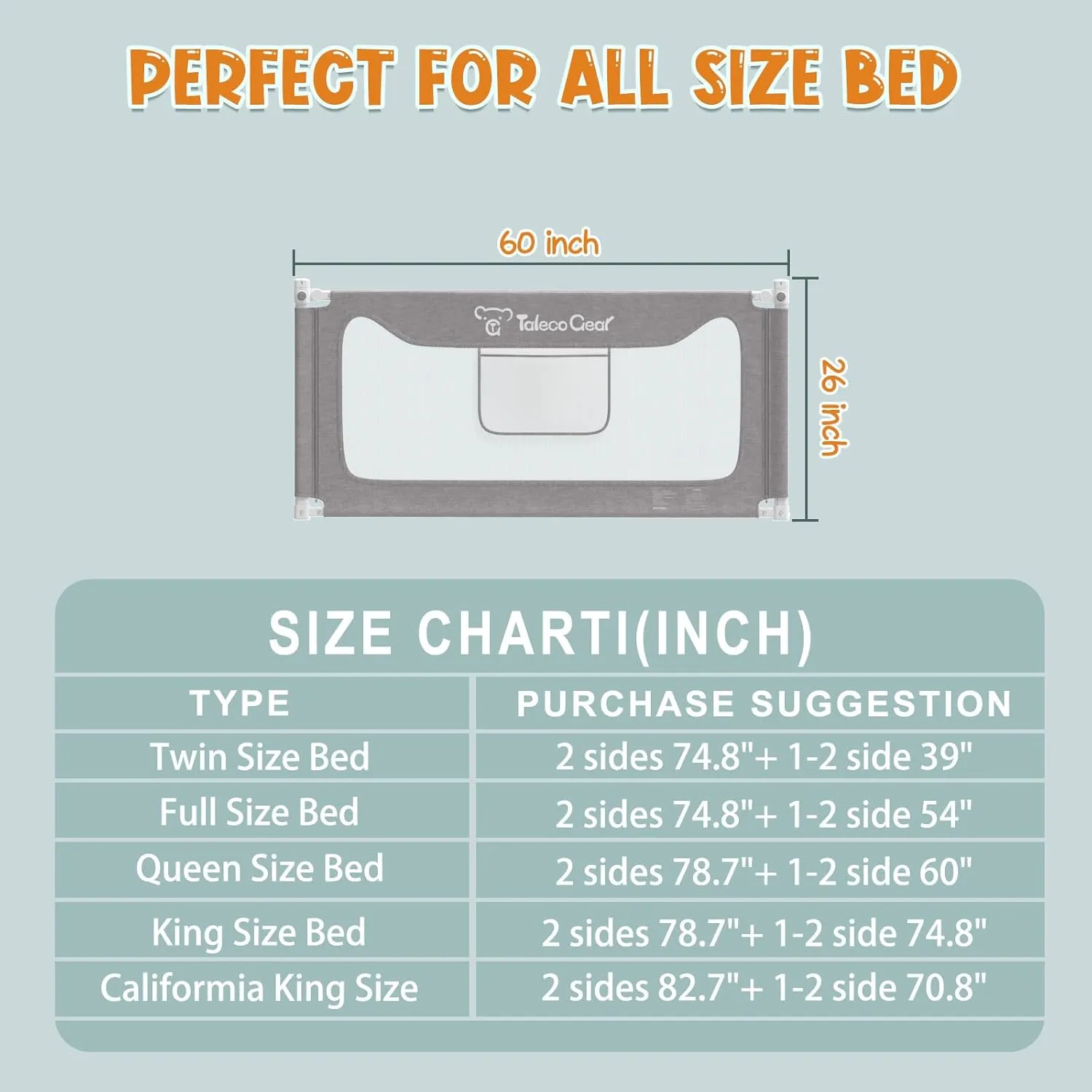 G TALECO GEAR Bed Rail for Toddlers, Stable Protective Bed Side Rails, Baby Bedrail Guard for Twin Full Queen & King Size Bed (60 Inch, 1 Piece)