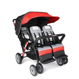 Gaggle by Foundations Sport Quad 4 Seat Stroller | 4-Seat Stroller for Daycare | Oversized UV Blocking Canopy | 5-Point Harness | Easy Loading | Storage Bucket | Red