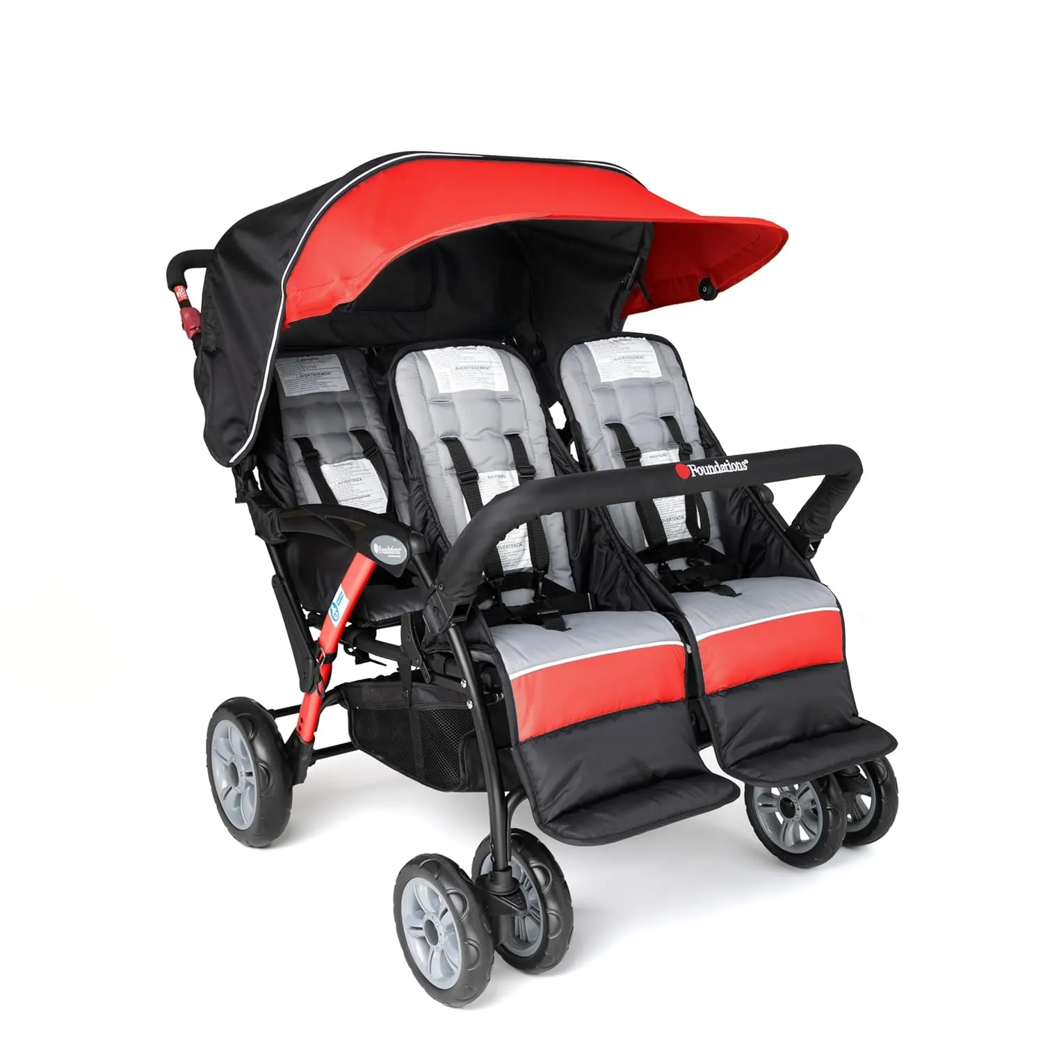 Gaggle by Foundations Sport Quad 4 Seat Stroller | 4-Seat Stroller for Daycare | Oversized UV Blocking Canopy | 5-Point Harness | Easy Loading | Storage Bucket | Red