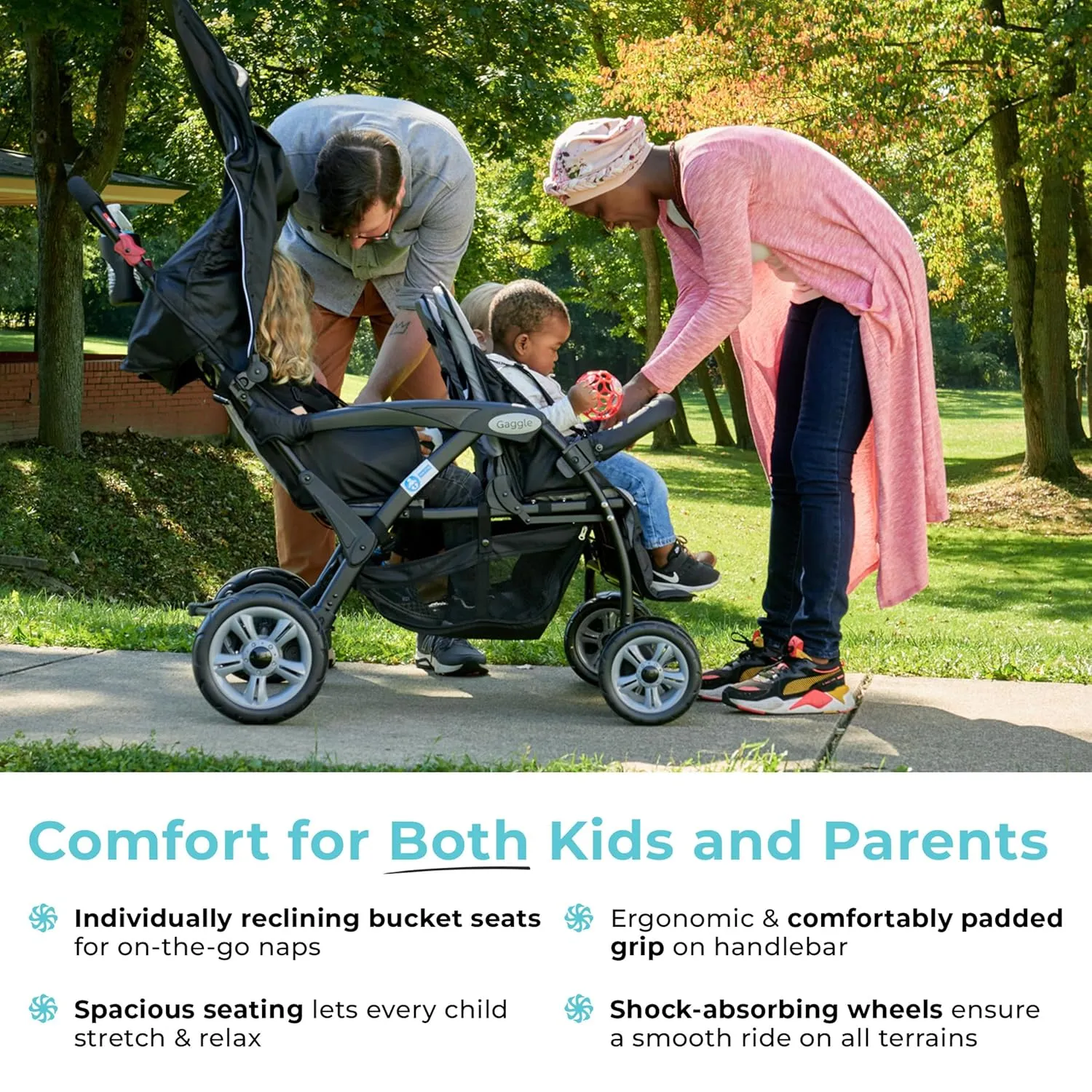 Gaggle by Foundations Sport Quad 4 Seat Stroller | 4-Seat Stroller for Daycare | Oversized UV Blocking Canopy | 5-Point Harness | Easy Loading | Storage Bucket | Red