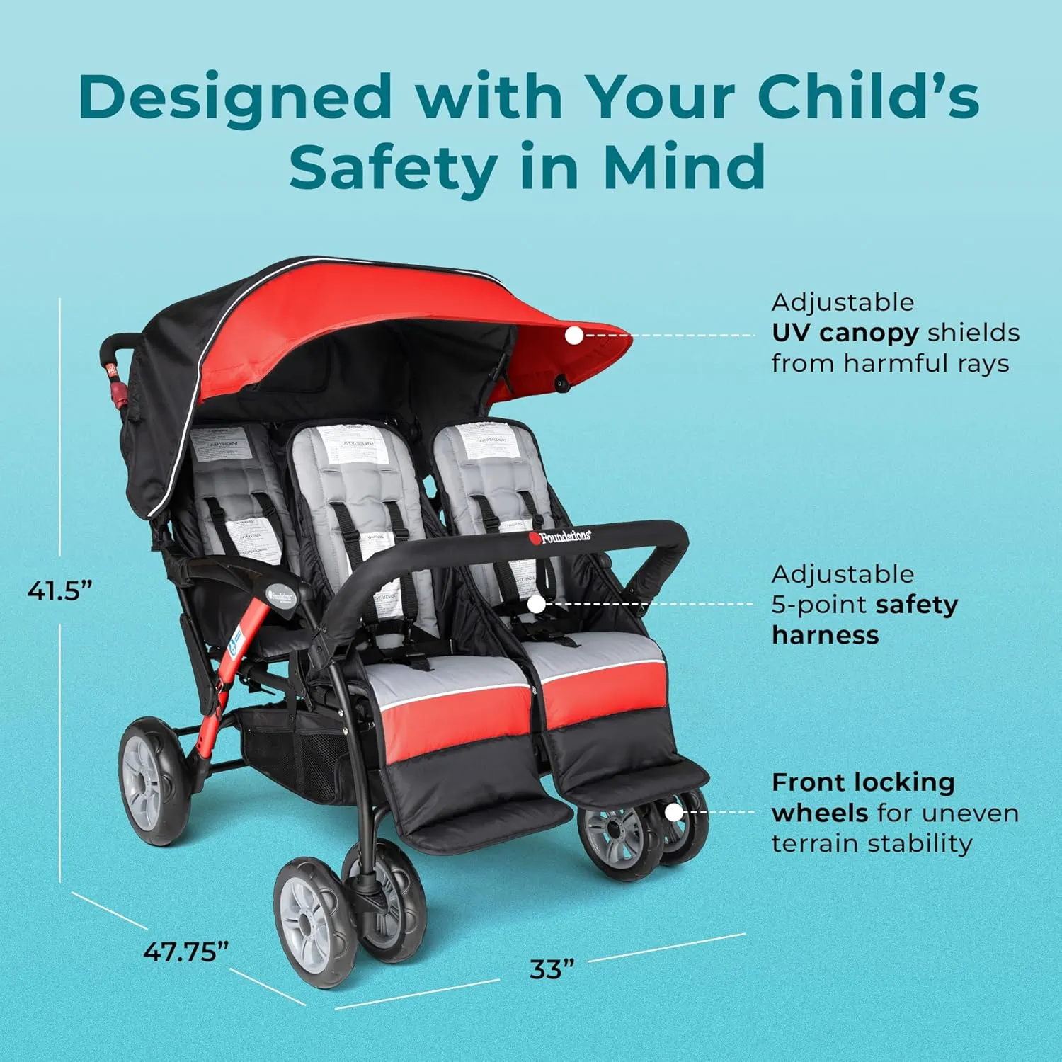Gaggle by Foundations Sport Quad 4 Seat Stroller | 4-Seat Stroller for Daycare | Oversized UV Blocking Canopy | 5-Point Harness | Easy Loading | Storage Bucket | Red