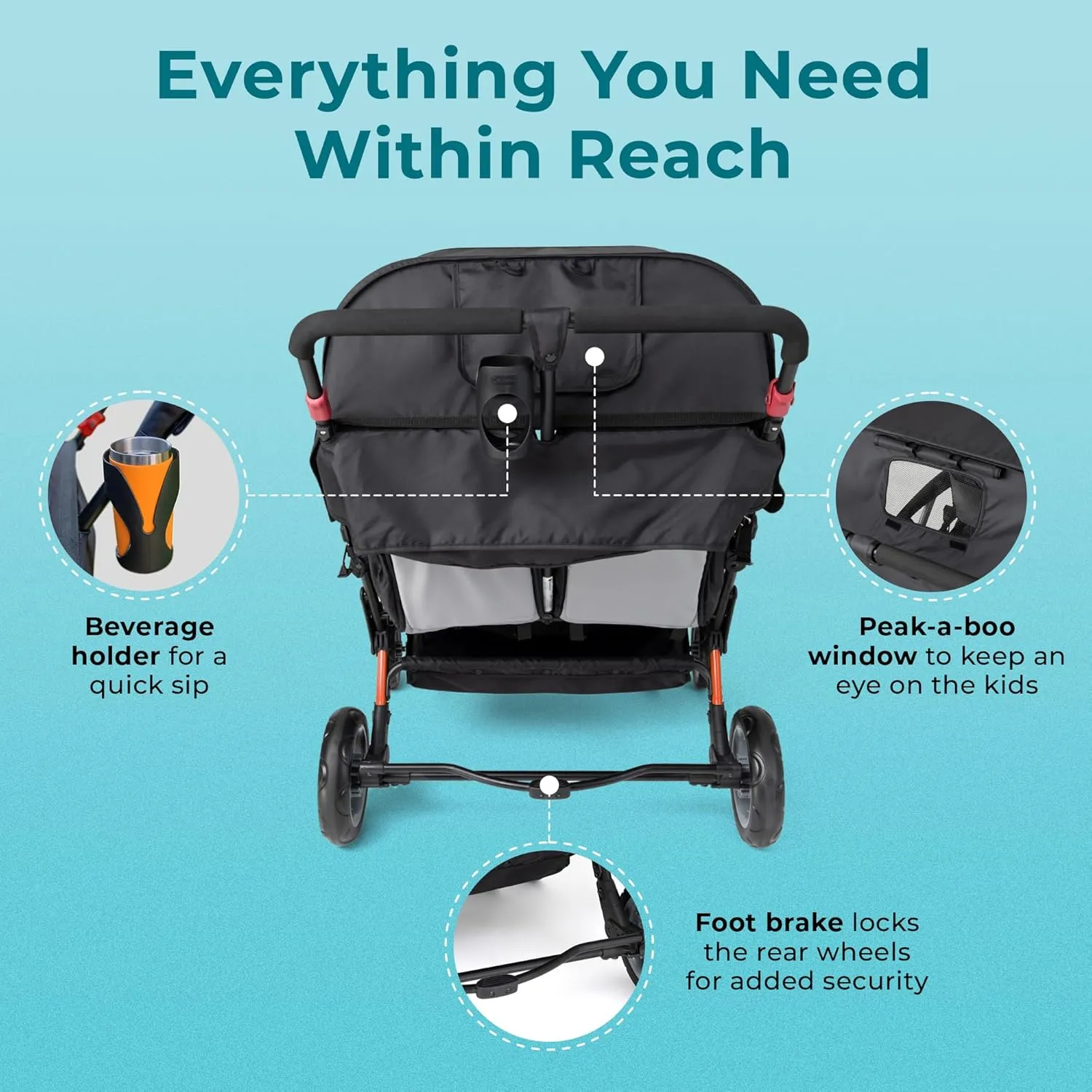 Gaggle by Foundations Sport Quad 4 Seat Stroller | 4-Seat Stroller for Daycare | Oversized UV Blocking Canopy | 5-Point Harness | Easy Loading | Storage Bucket | Red