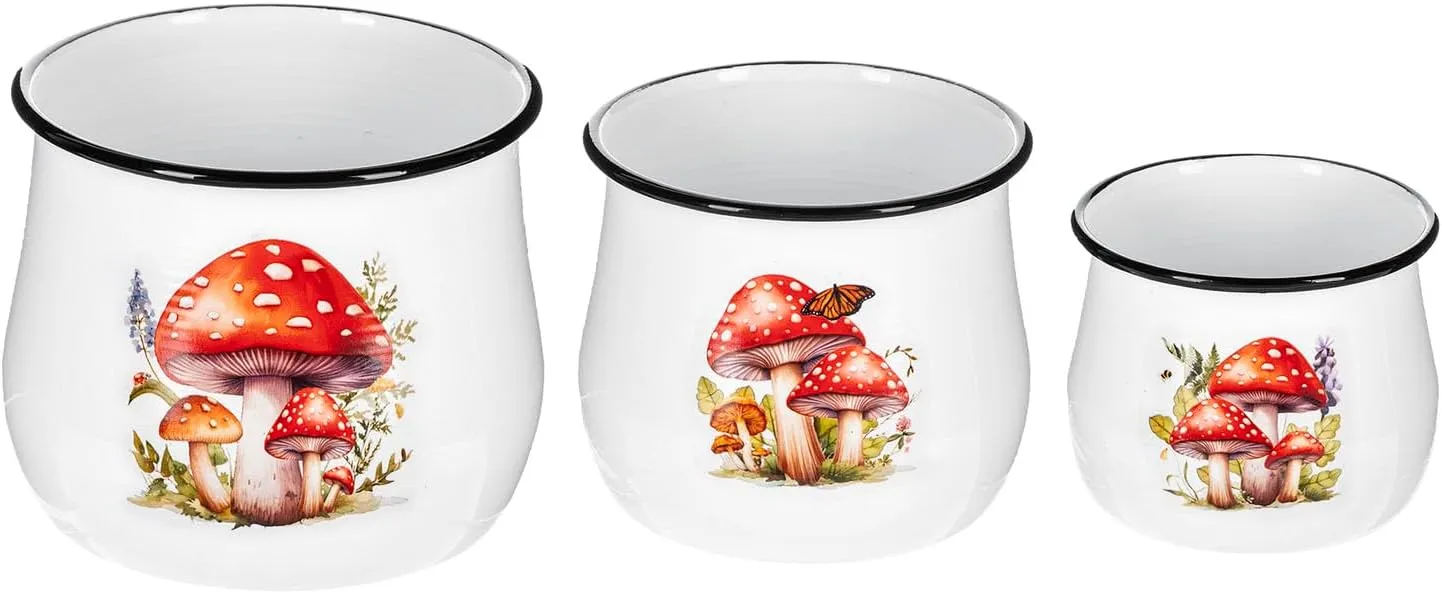Ganz Indoor Outdoor Nesting Plant Succulent Herb Flower Pot 4 x 5 Inch Metal Woodland Mushrooms Assorted Set of 3