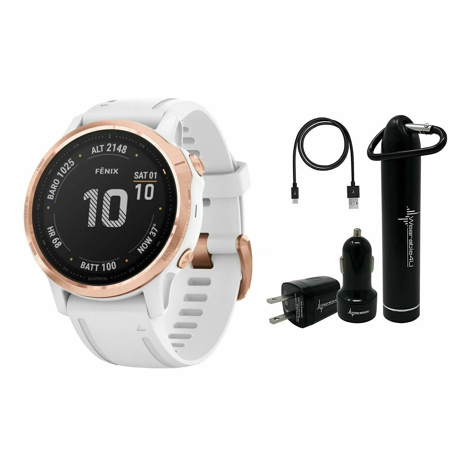 Garmin Fenix 6S Rose Gold-tone with White Band GPS Watch with Wearable4U Power