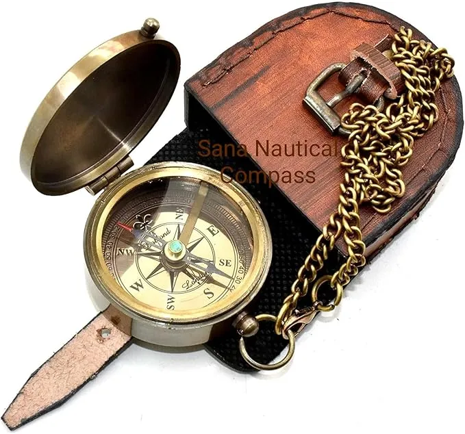 Generic Nautical Chain Compass Brass Locket Compass with Engraved Brass Compass On Chain Antique Pocket Chain Compass, 2.5inch