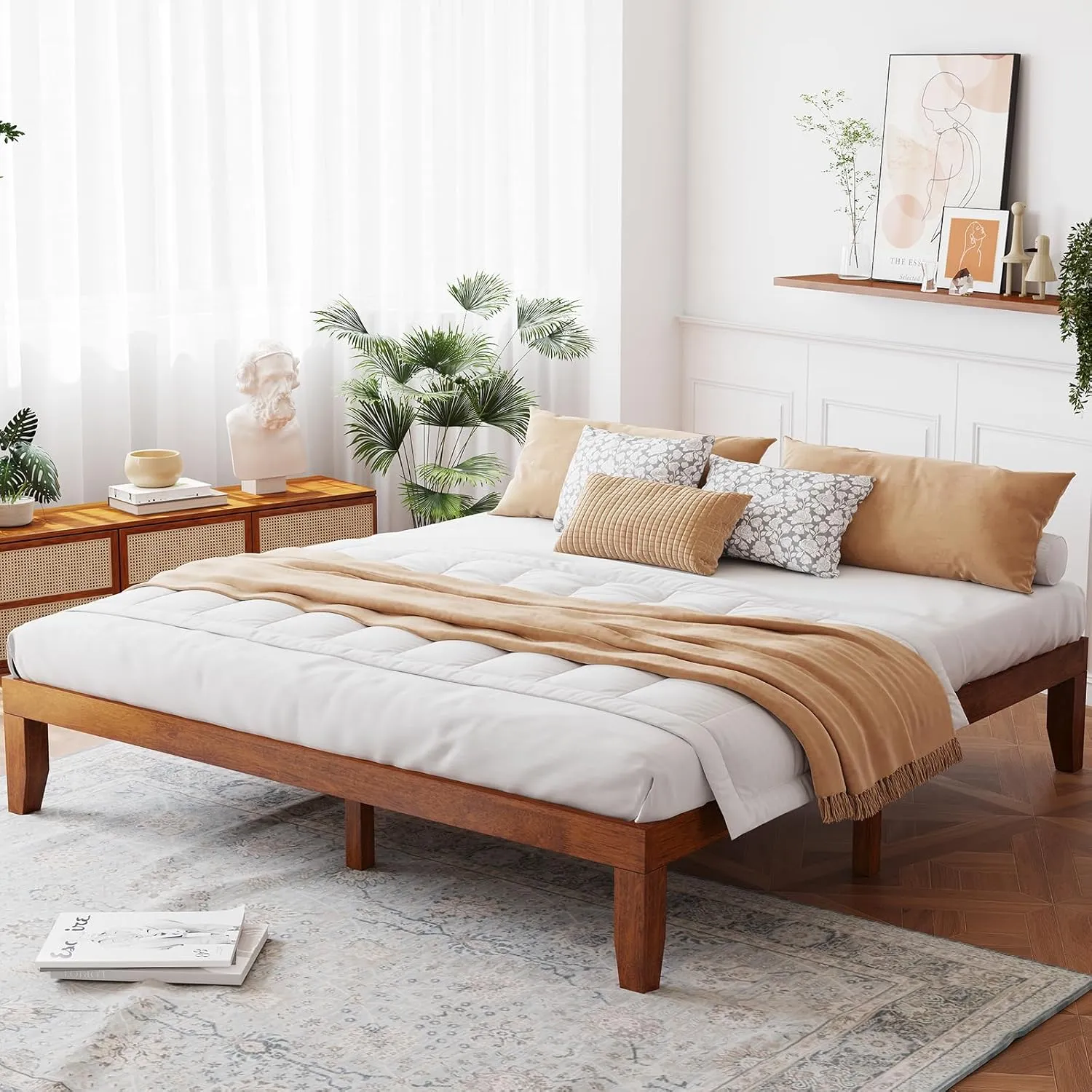 Giantex 14 Inch King Wood Platform Bed Frame, Minimalist Style Mattress Foundation with Solid Rubber Wood, Heavy Duty Slat Support, Without Headboard, Easy Assembly, No Box Spring Needed, Walnut