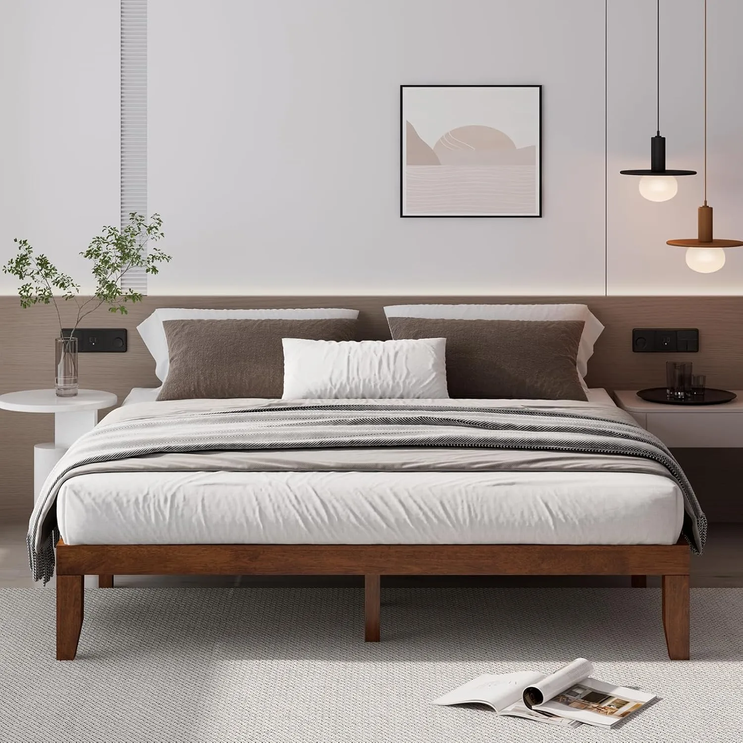 Giantex 14 Inch King Wood Platform Bed Frame, Minimalist Style Mattress Foundation with Solid Rubber Wood, Heavy Duty Slat Support, Without Headboard, Easy Assembly, No Box Spring Needed, Walnut