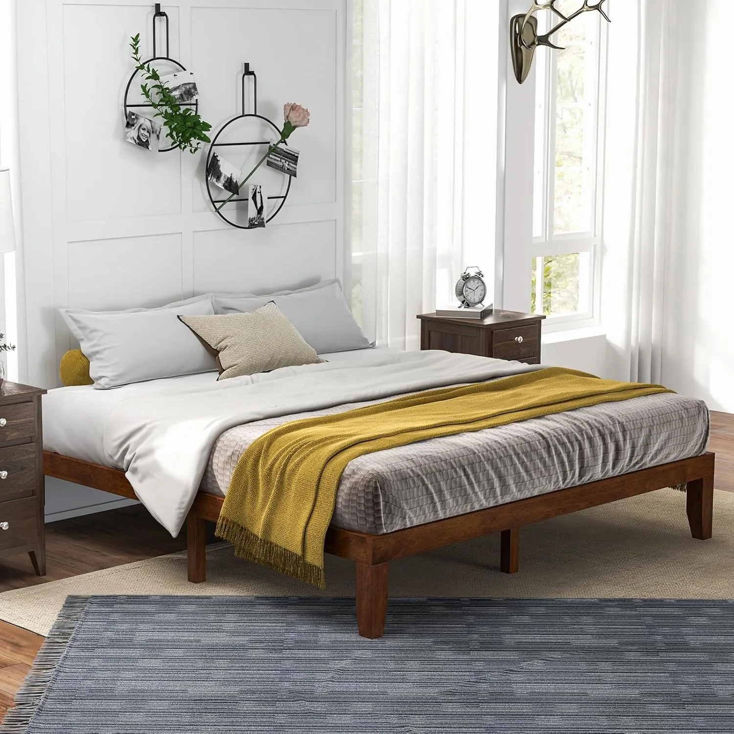 Giantex 14 Inch King Wood Platform Bed Frame, Minimalist Style Mattress Foundation with Solid Rubber Wood, Heavy Duty Slat Support, Without Headboard, Easy Assembly, No Box Spring Needed, Walnut