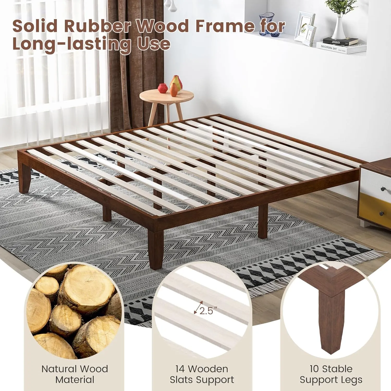 Giantex 14 Inch King Wood Platform Bed Frame, Minimalist Style Mattress Foundation with Solid Rubber Wood, Heavy Duty Slat Support, Without Headboard, Easy Assembly, No Box Spring Needed, Walnut