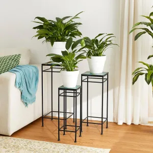 Glitzhome Set of 3 Metal Nesting Planter Stands, Sqaure Metal Flower Stands with Green Pattern Ceramic Tiles Table Top Tall Tiered Plant Pot Shelf Decoration Racks for Living Room Garden Patio Decor