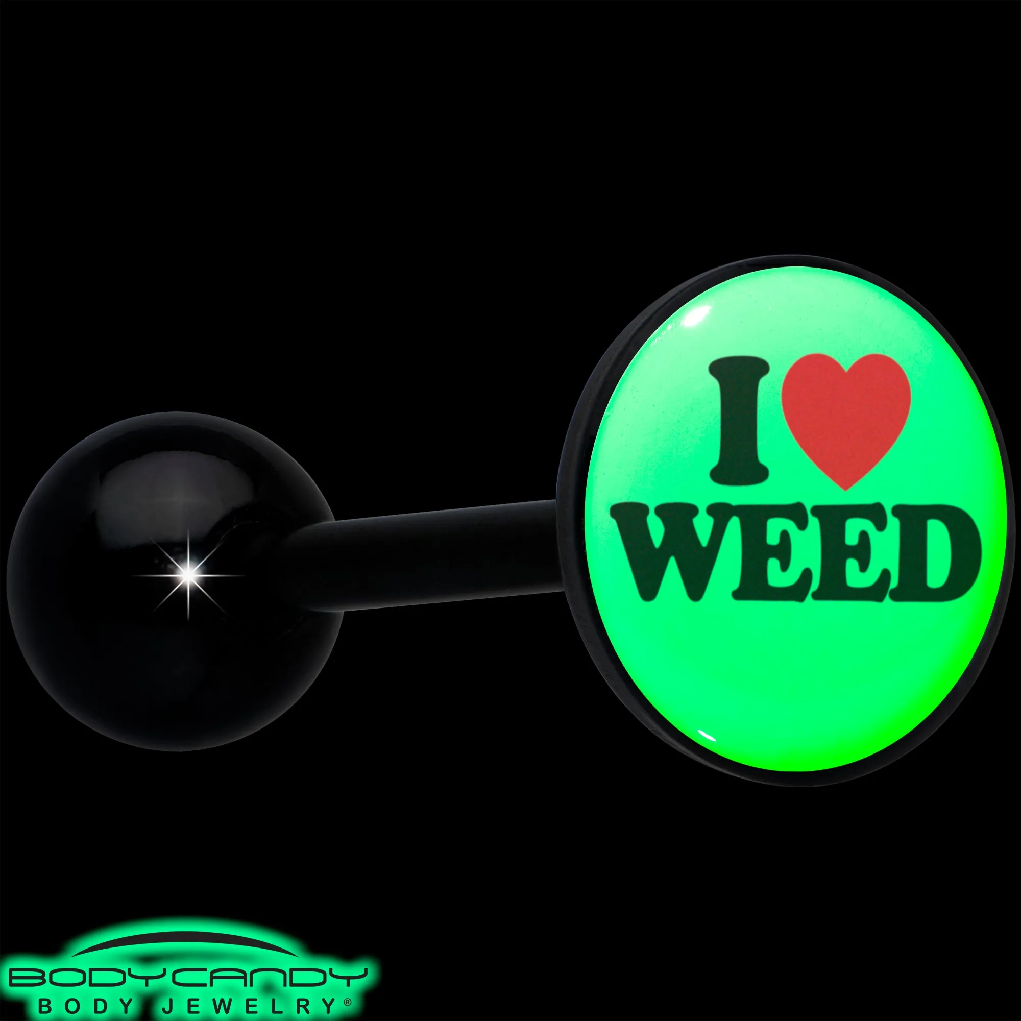 Glow in the Dark Black Anodized I Love Weed Barbell Tongue Ring