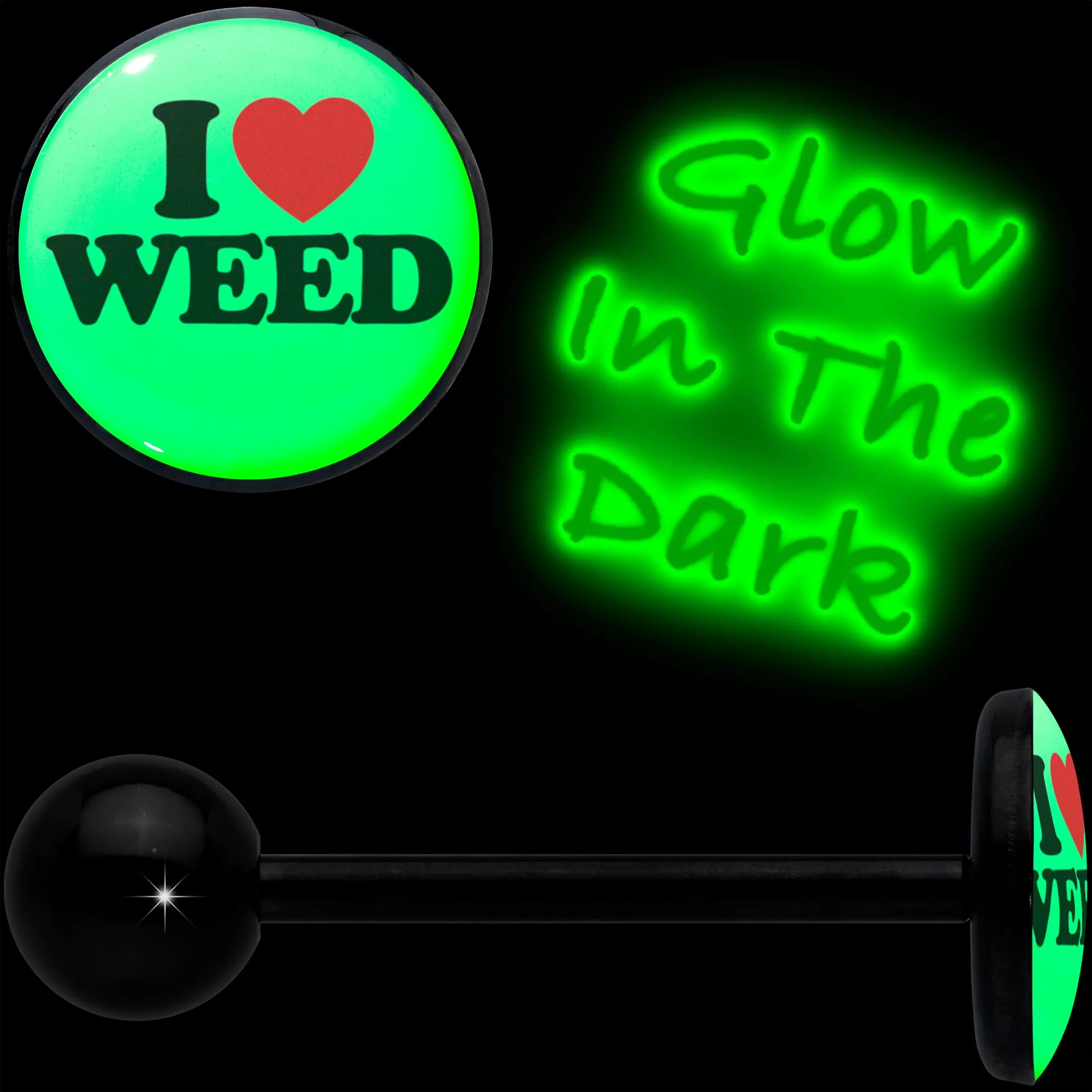 Glow in the Dark Black Anodized I Love Weed Barbell Tongue Ring