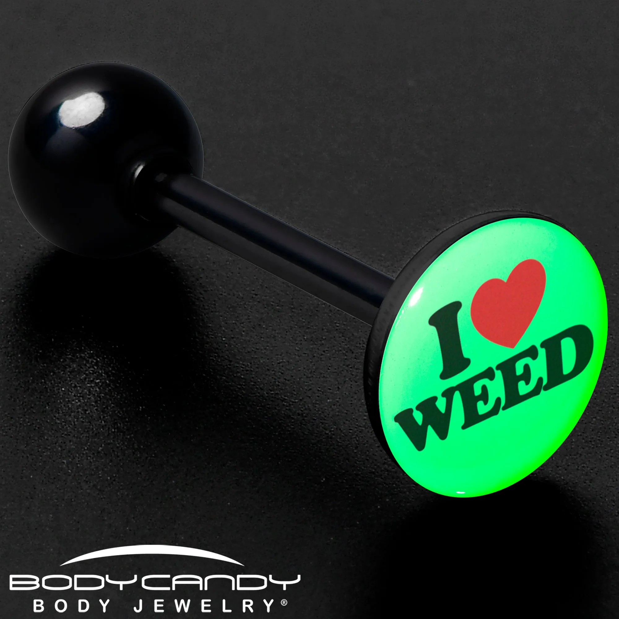Glow in the Dark Black Anodized I Love Weed Barbell Tongue Ring