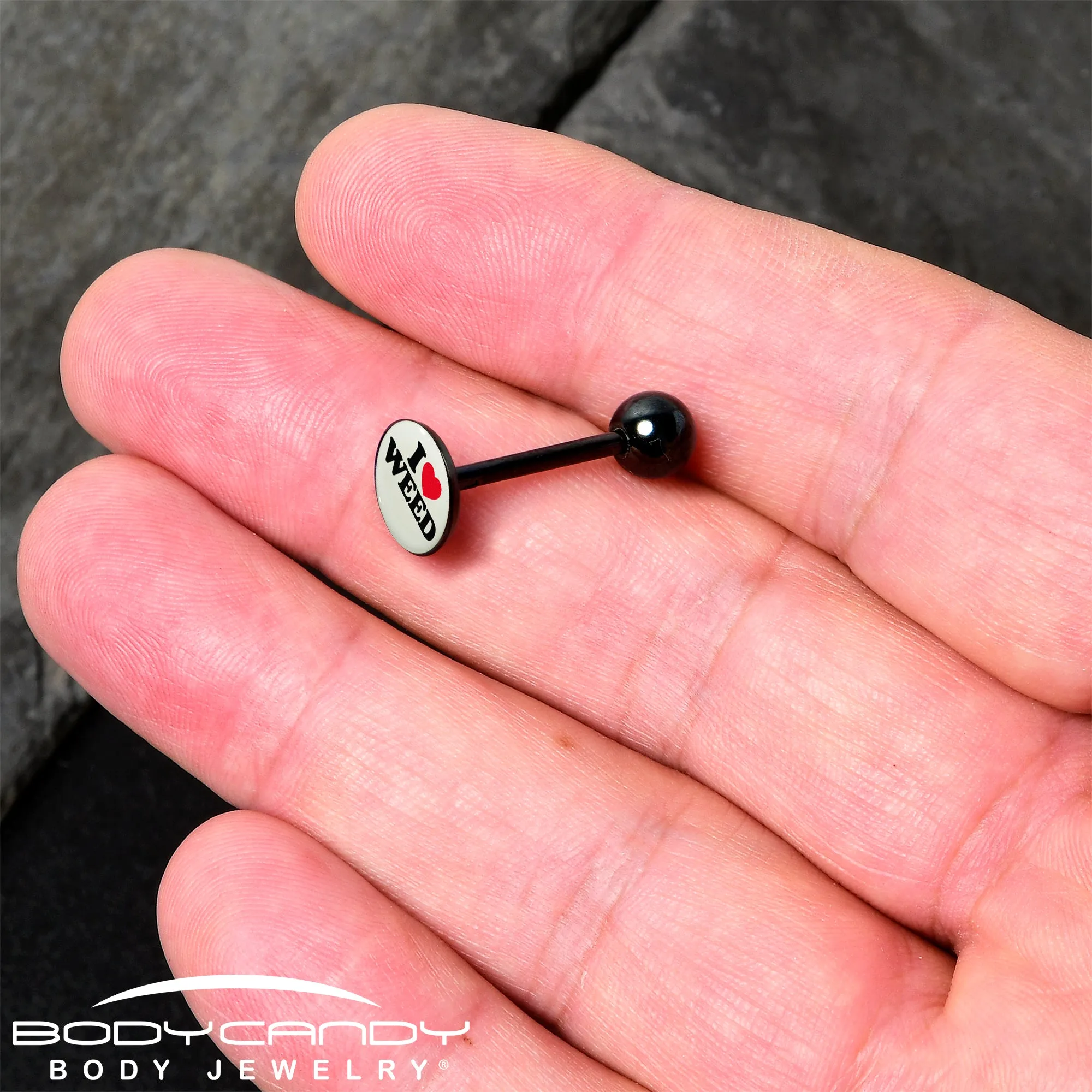 Glow in the Dark Black Anodized I Love Weed Barbell Tongue Ring