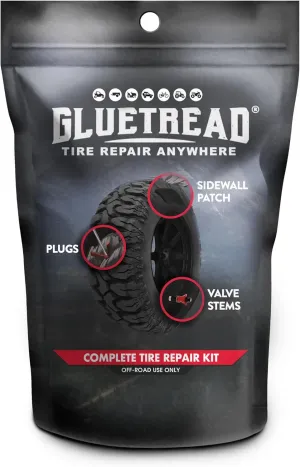 GlueTread Complete Off-Road Tire Repair Kit | Repair Any Kind of Tire Puncture | Includes Sidewall Tire Repair Patches, Plugs and One Colby Emergency Valve Stem | Improved Rubber Cures in 10 Minutes