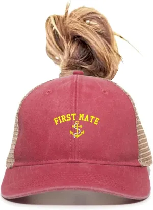 Go All Out First Mate with Anchor Bucket Ponytail Visor Embroidered Cap Dad Hat