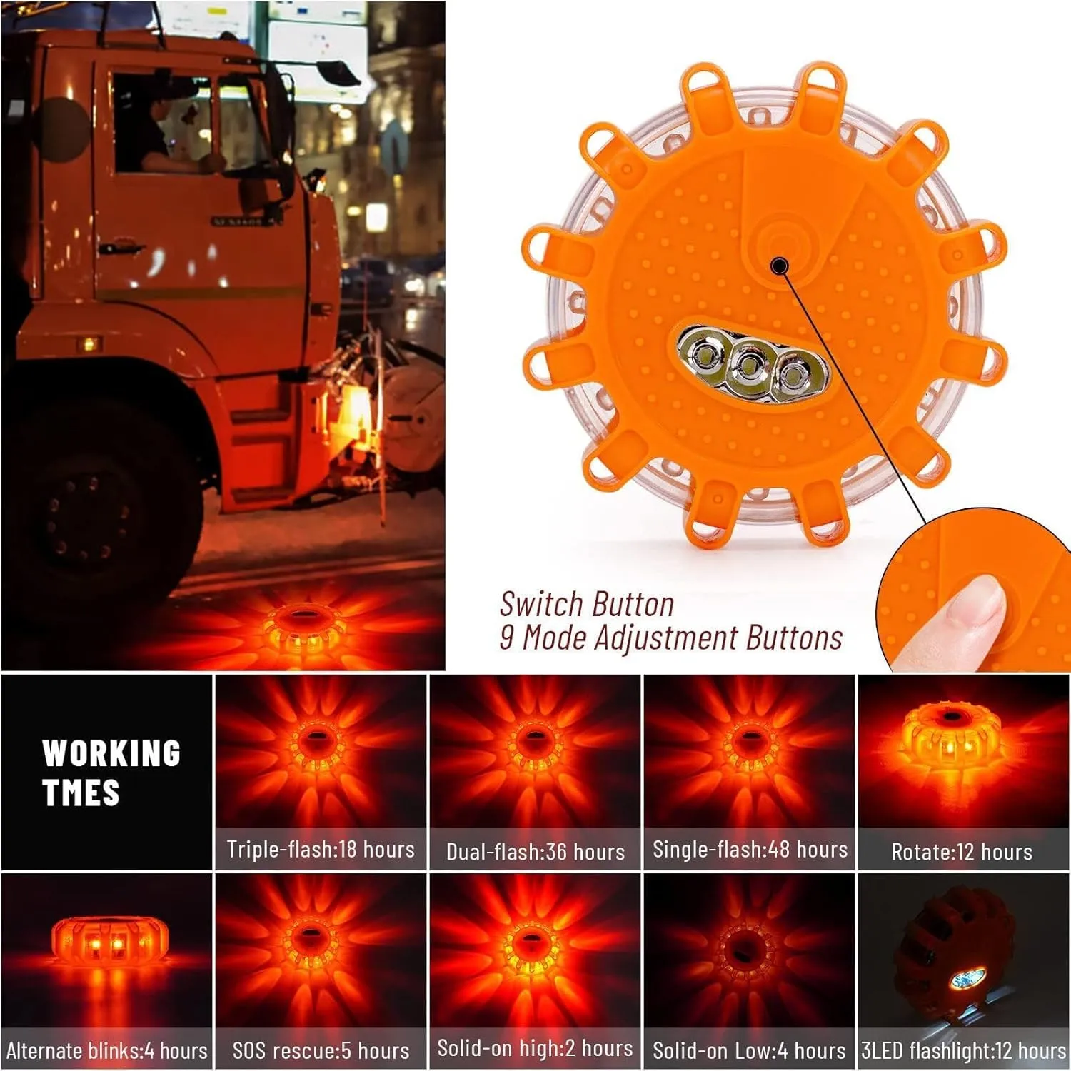 GP908 8 Pack LED Road Flares Emergency Roadside Lights Safety Flashing Warning Beacon Disc Warning Flare Kit with Hook Magnetic Base for Car Truck & 9 Flash Modes (Batteries Not Included)