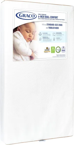 Graco 6-Inch Dual-Comfort Crib & Toddler Mattress - GREENGUARD Gold and OEKO-TEX STANDARD 100 Certified, CertiPUR-US Certified Foam, 2-Sided Mattress Fits Crib & Toddler Bed, Waterproof Sleep Surface