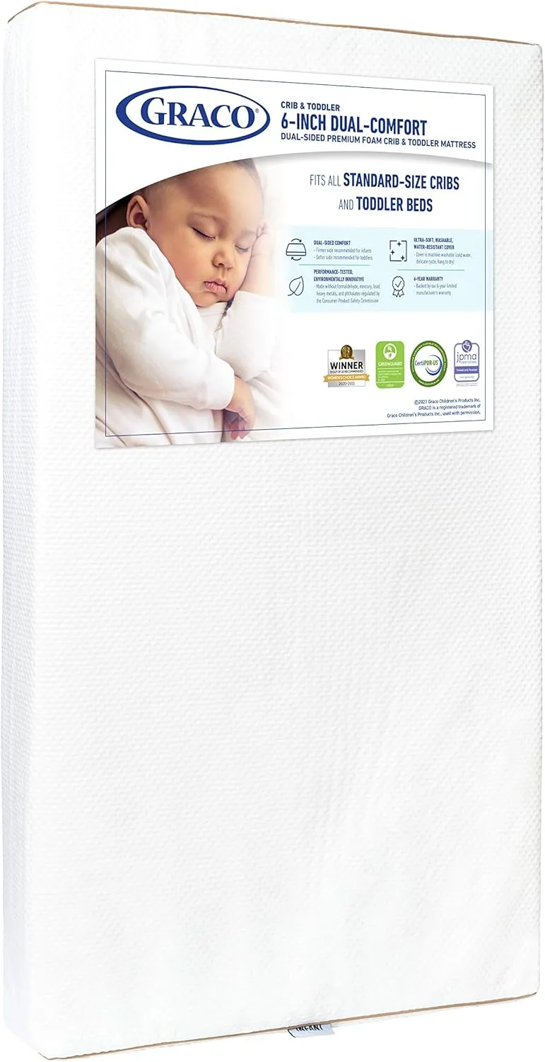 Graco 6-Inch Dual-Comfort Crib & Toddler Mattress - GREENGUARD Gold and OEKO-TEX STANDARD 100 Certified, CertiPUR-US Certified Foam, 2-Sided Mattress Fits Crib & Toddler Bed, Waterproof Sleep Surface