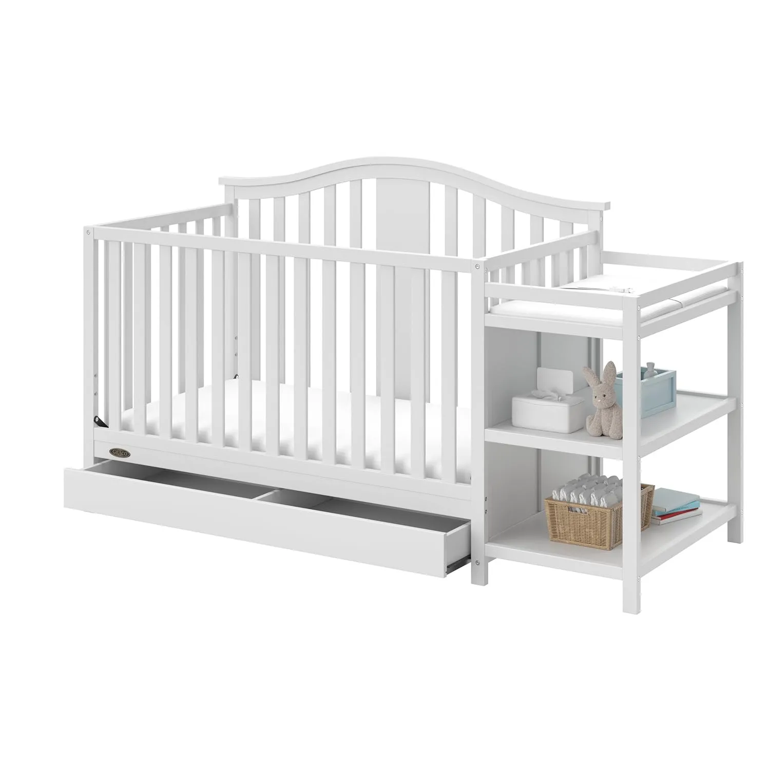 Graco Solano 4-in-1 Convertible Crib and Changer with Drawer (White) – Crib and Changing -Table Combo with Drawer, Includes Changing Pad, Converts to Toddler Bed, Daybed and Full-Size Bed