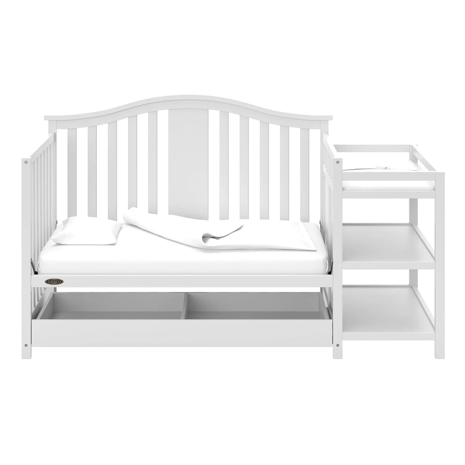 Graco Solano 4-in-1 Convertible Crib and Changer with Drawer (White) – Crib and Changing -Table Combo with Drawer, Includes Changing Pad, Converts to Toddler Bed, Daybed and Full-Size Bed