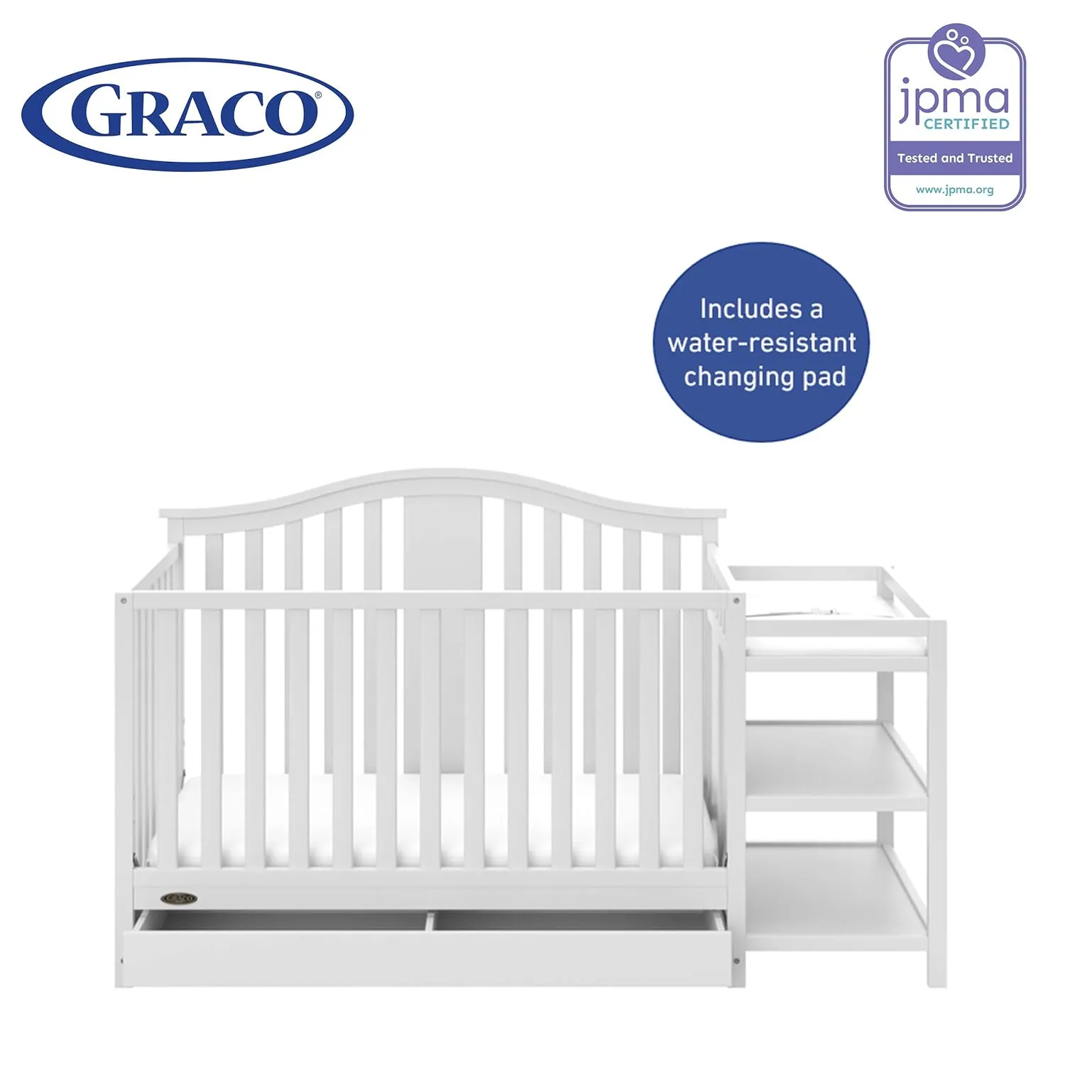 Graco Solano 4-in-1 Convertible Crib and Changer with Drawer (White) – Crib and Changing -Table Combo with Drawer, Includes Changing Pad, Converts to Toddler Bed, Daybed and Full-Size Bed