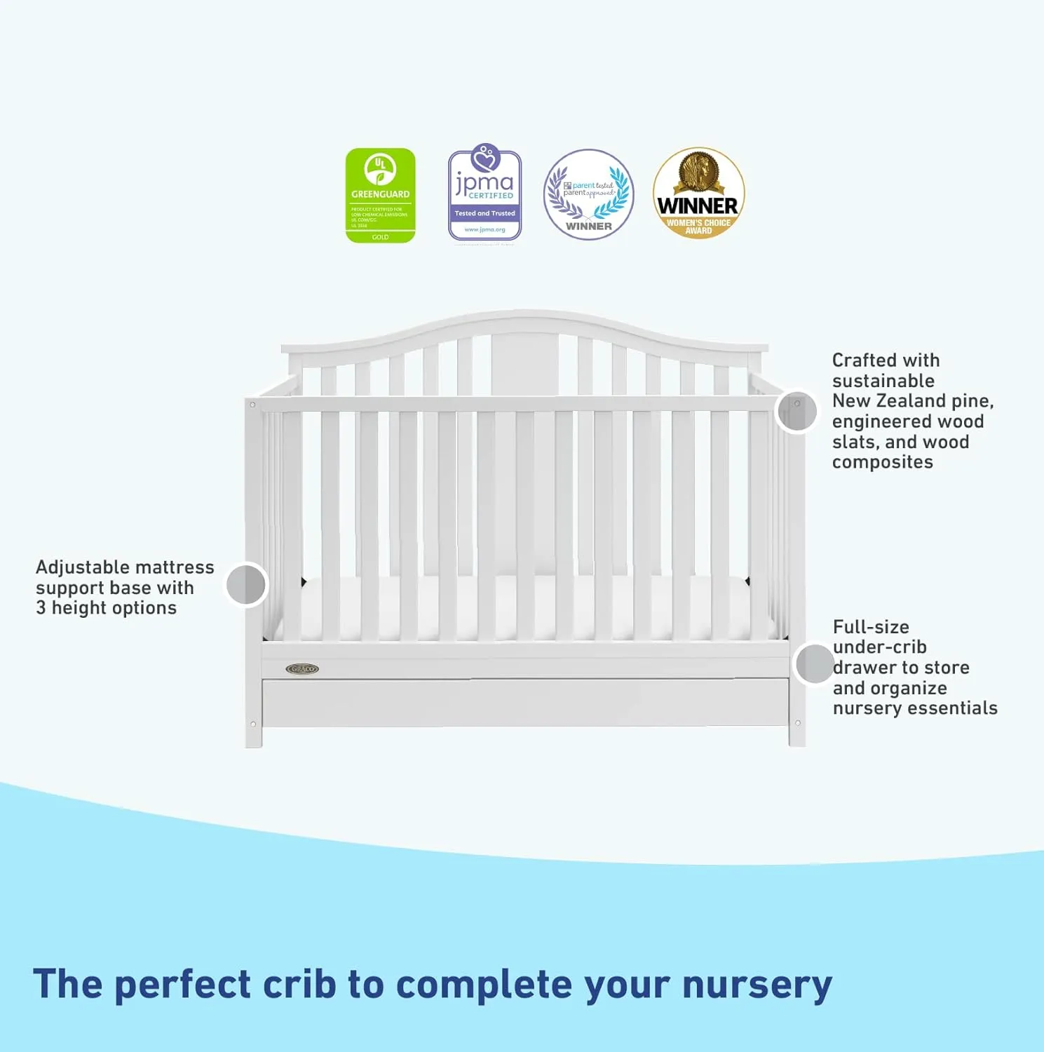 Graco Solano 4-in-1 Convertible Crib with Drawer Combo (White) – GREENGUARD Gold Certified, Includes Full-Size Nursery Storage Drawer, Converts to Toddler Bed and Full-Size Bed