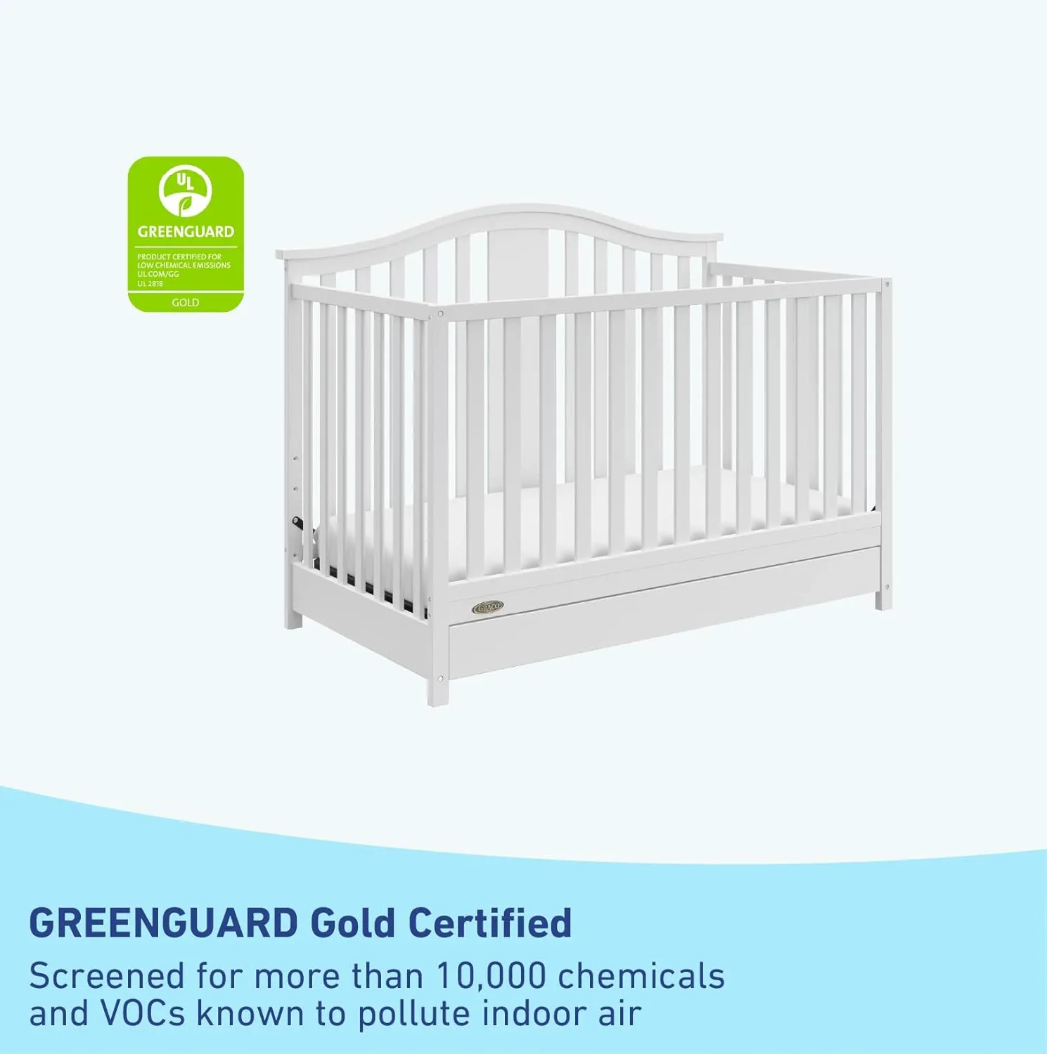 Graco Solano 4-in-1 Convertible Crib with Drawer Combo (White) – GREENGUARD Gold Certified, Includes Full-Size Nursery Storage Drawer, Converts to Toddler Bed and Full-Size Bed