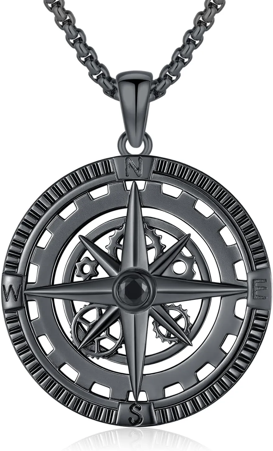 Graduation Gifts for Him Compass Necklace for Men 925 Sterling Silver Nautical Gear Compass Pendant Inspirational Jewelry
