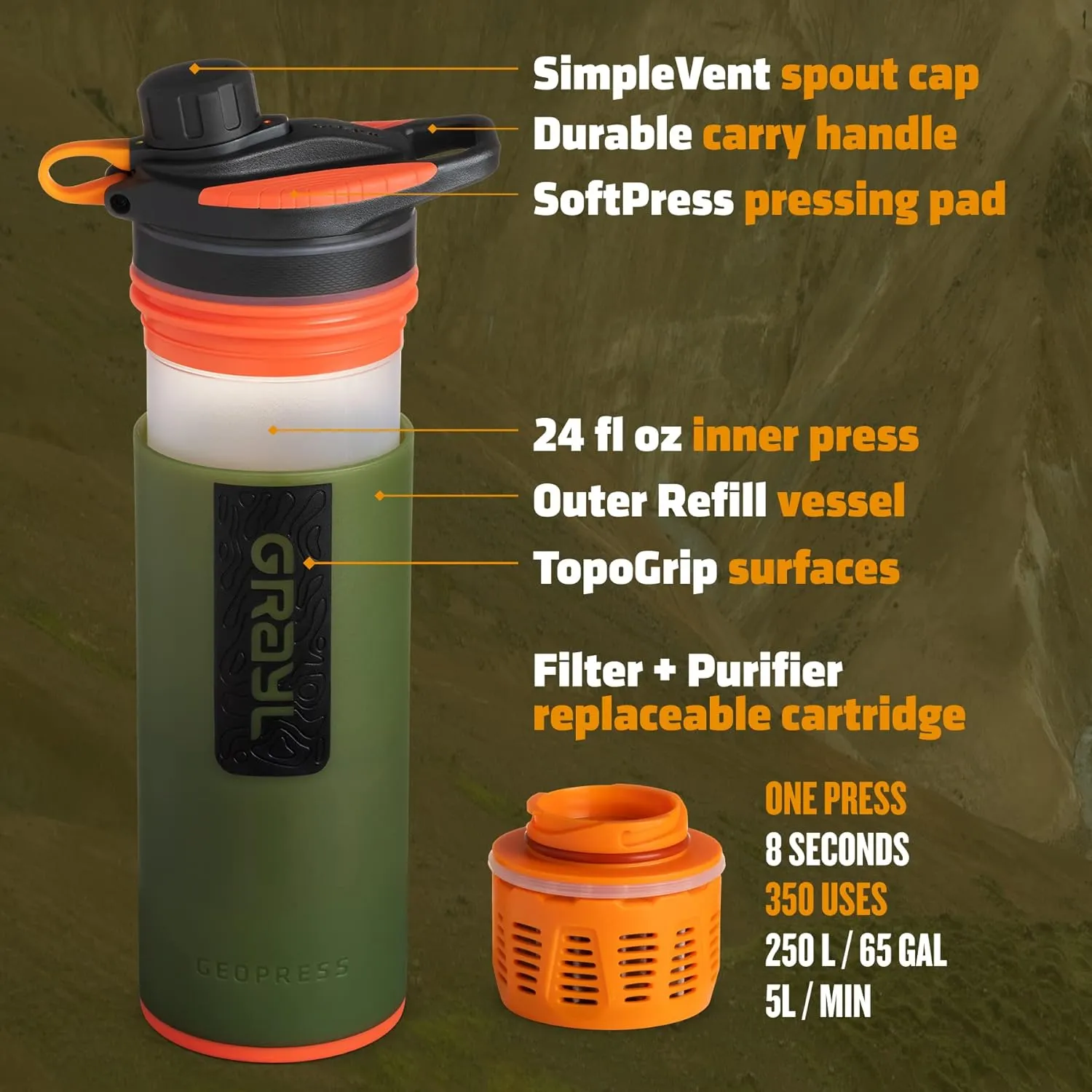 GRAYL GeoPress 24 oz Water Purifier Bottle - Filter for Hiking, Camping, Survival, Travel (Oasis Green)