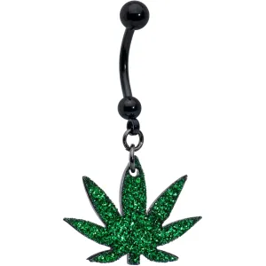 Green Glitter Marijuana Pot Leaf Black Dangle Belly Ring
