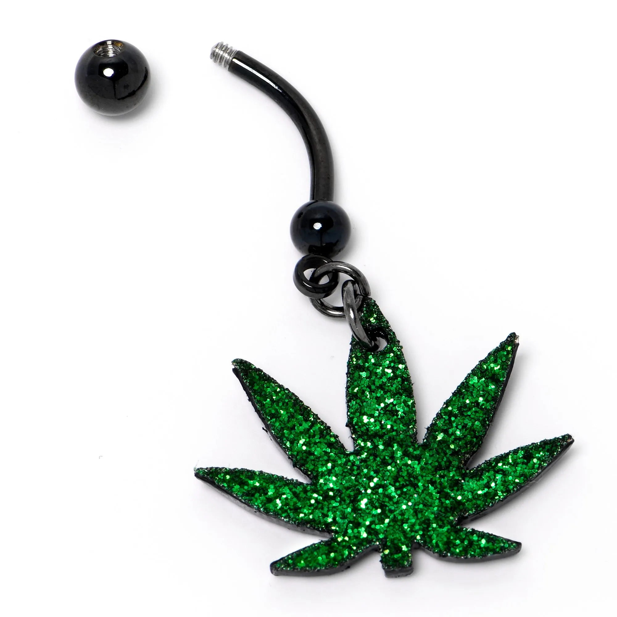 Green Glitter Marijuana Pot Leaf Black Dangle Belly Ring