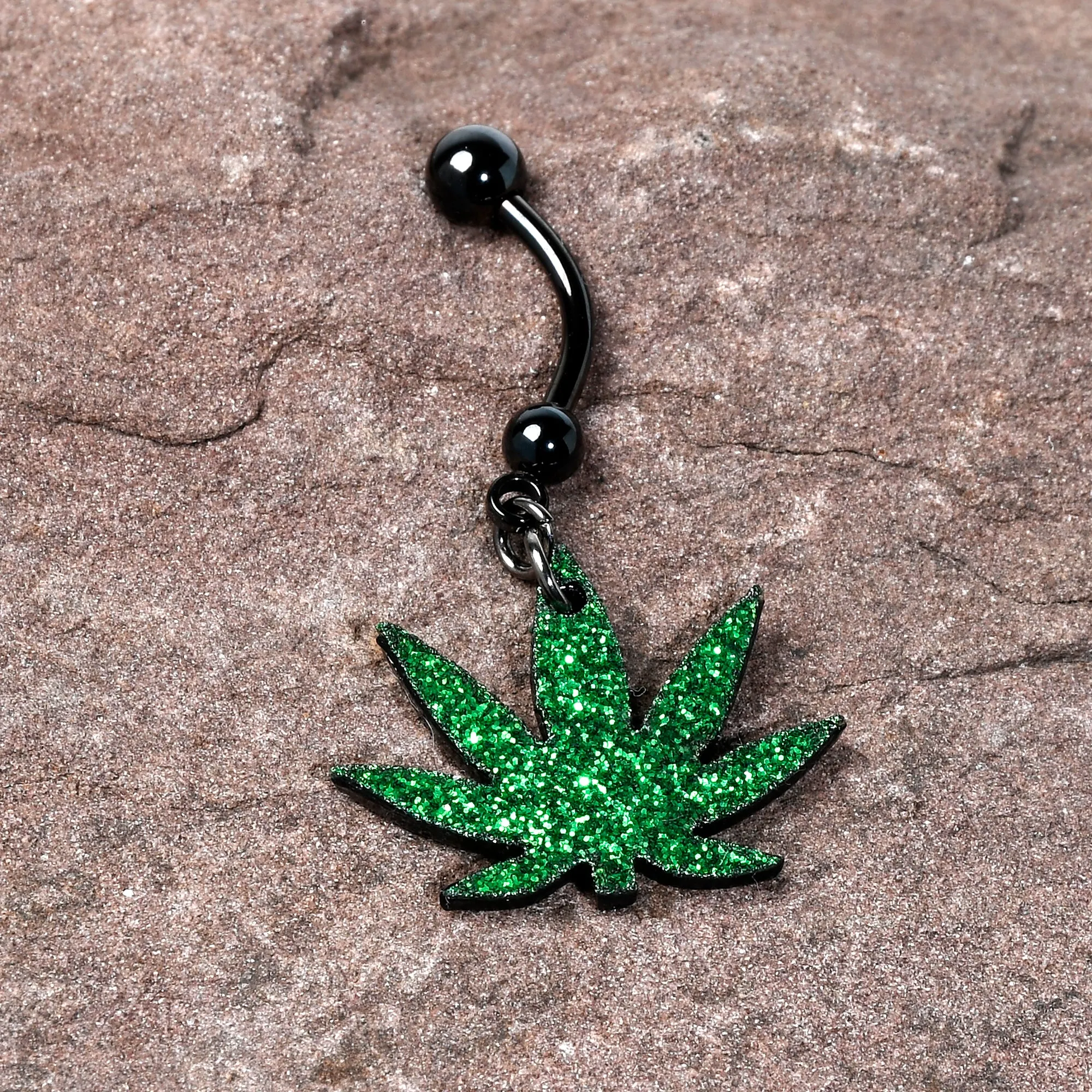 Green Glitter Marijuana Pot Leaf Black Dangle Belly Ring