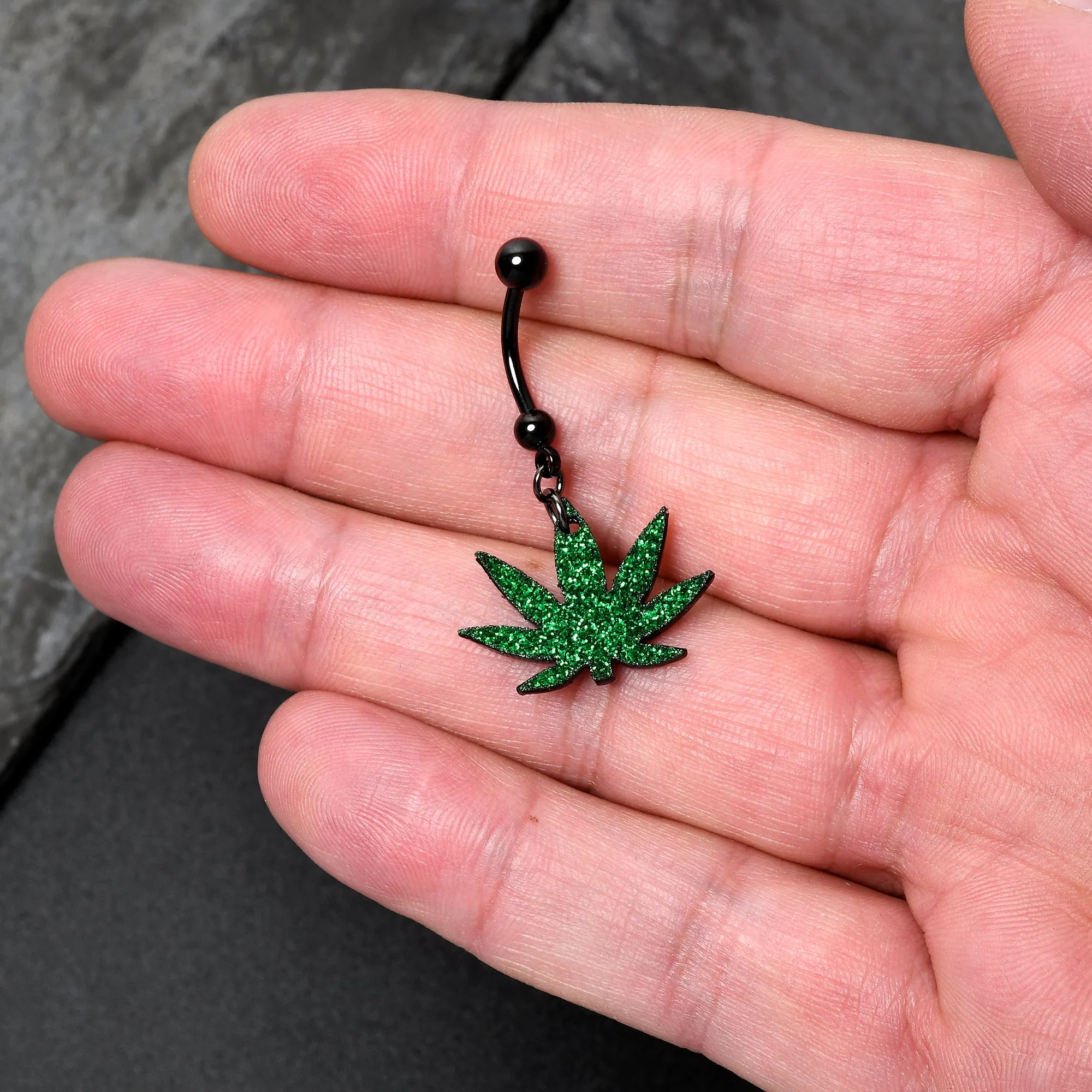 Green Glitter Marijuana Pot Leaf Black Dangle Belly Ring