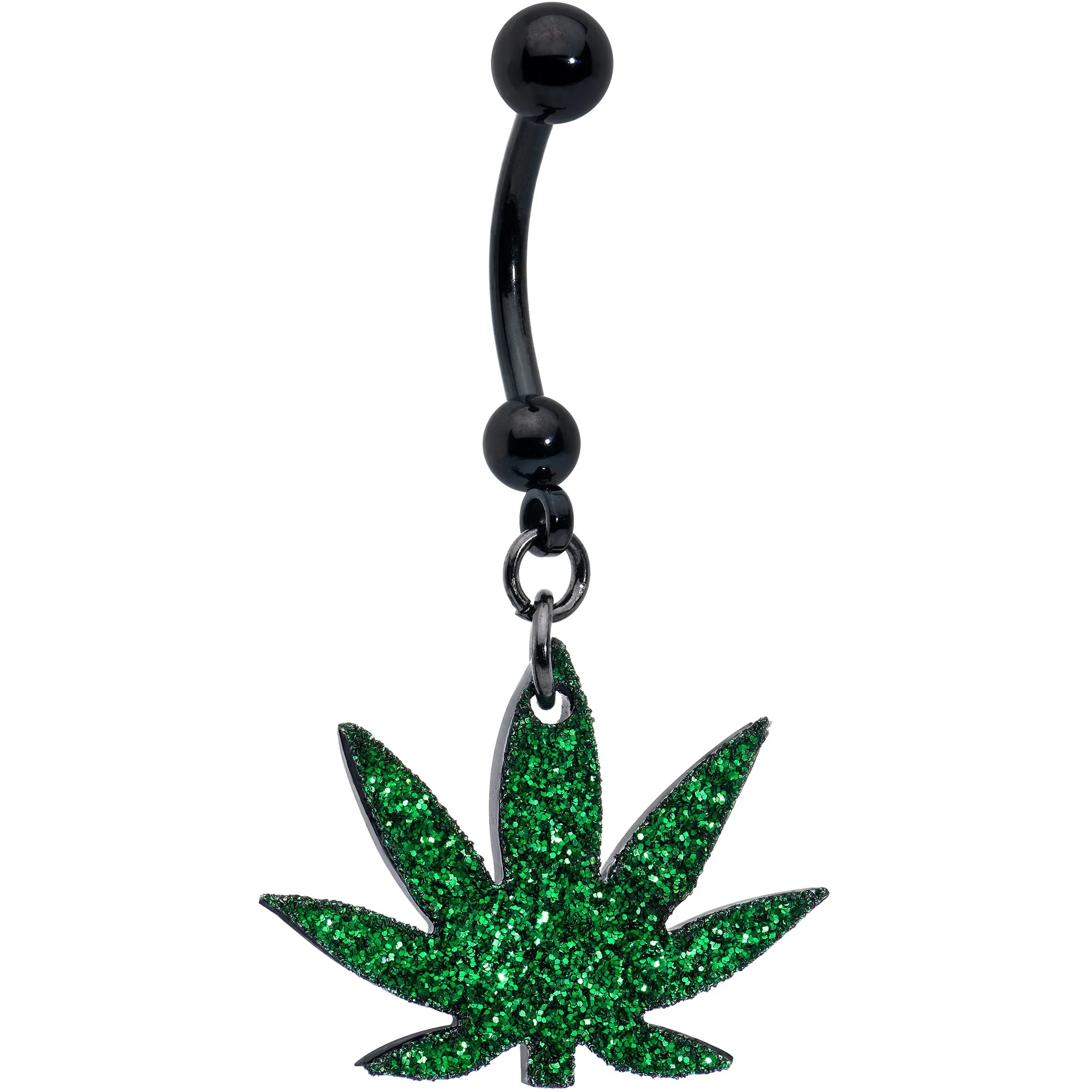 Green Glitter Marijuana Pot Leaf Black Dangle Belly Ring