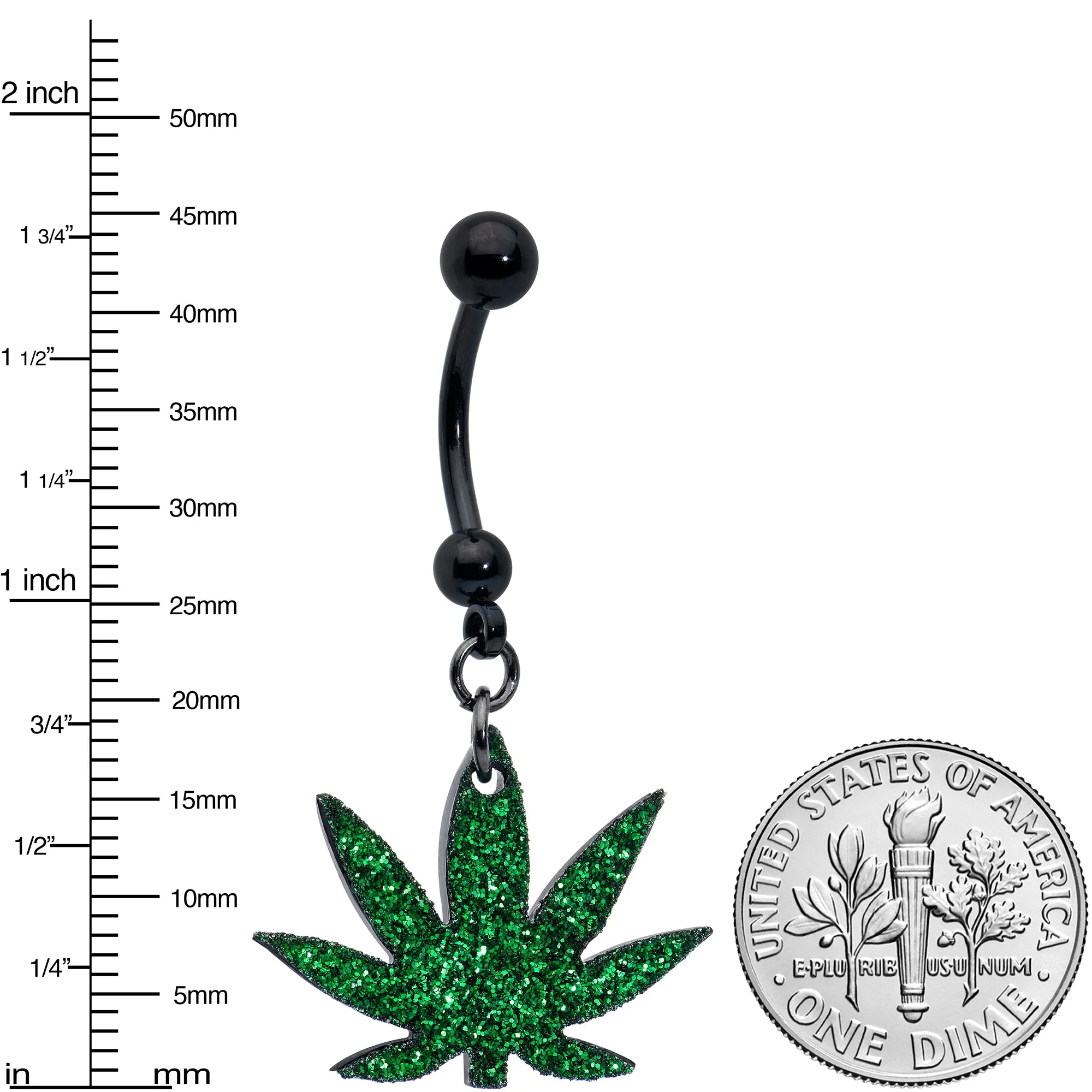 Green Glitter Marijuana Pot Leaf Black Dangle Belly Ring