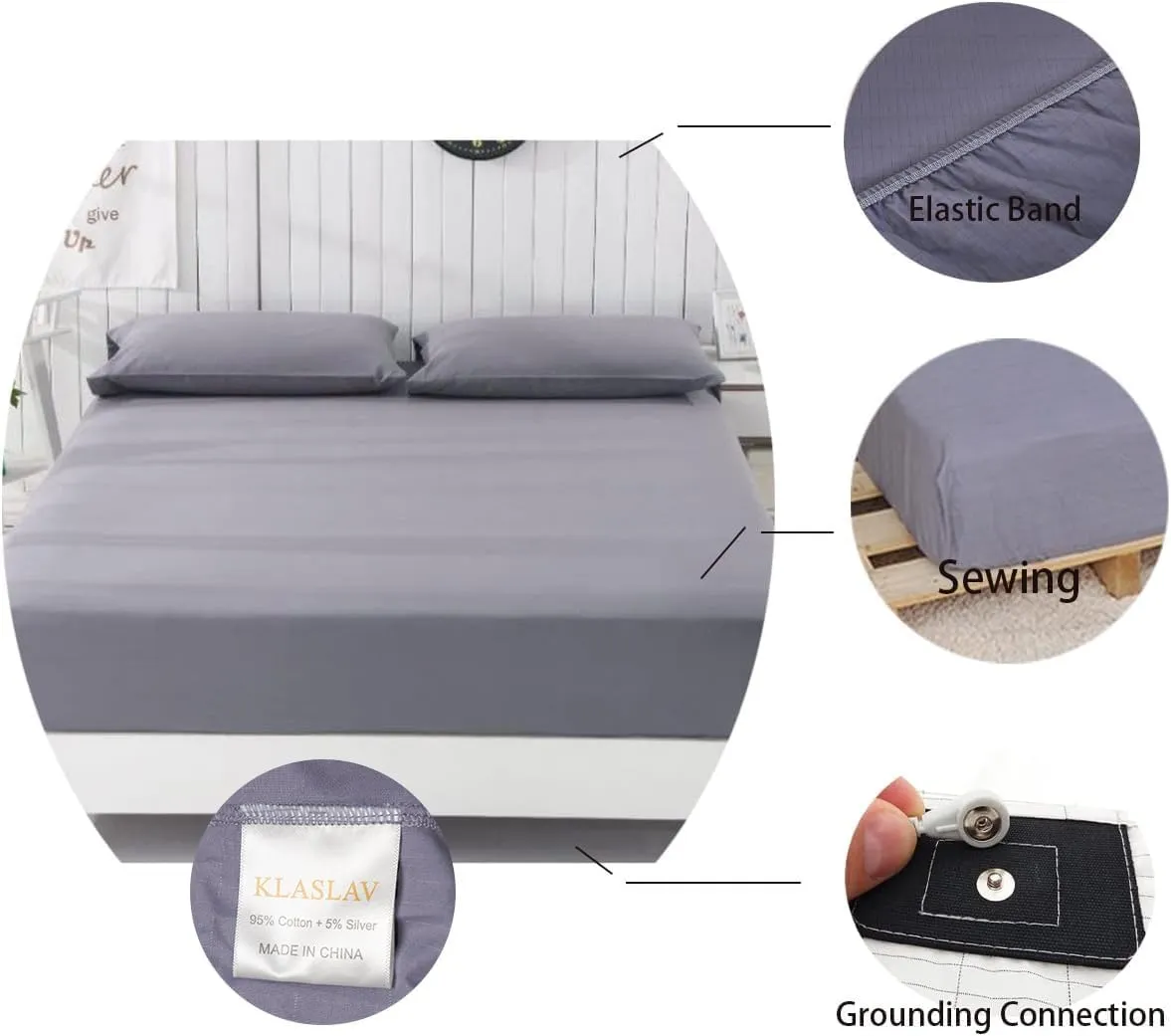Grounding Fitted Sheet Kit, Grounding Conductivity Sheets with Silver Fiber, Grounding Cord, Grounding Bed Cover for Efficient Sleep, Reduce Stress Natural Healthy,Grey (Queen)