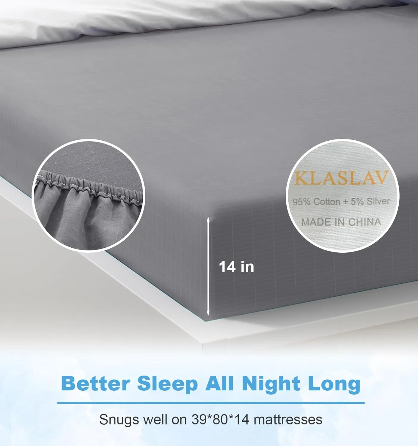 Grounding Fitted Sheet Kit, Grounding Sheets with Deep Pocket, Organic Cotton&Silver Fiber, Conductivity Bed Cover for Sleeping, Earth Connected Bedding (Twin XL,Grey)