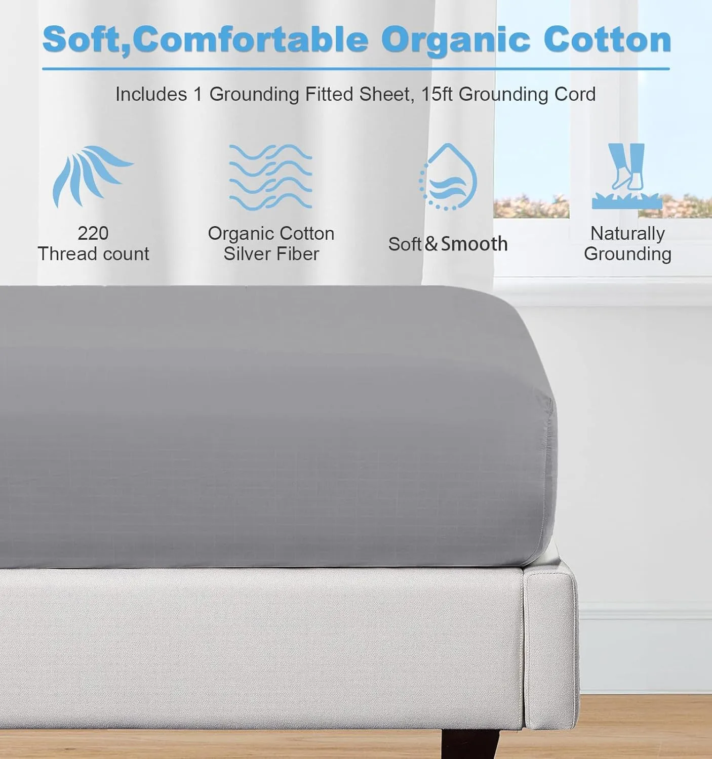 Grounding Fitted Sheet Kit, Grounding Sheets with Deep Pocket, Organic Cotton&Silver Fiber, Conductivity Bed Cover for Sleeping, Earth Connected Bedding (Twin XL,Grey)