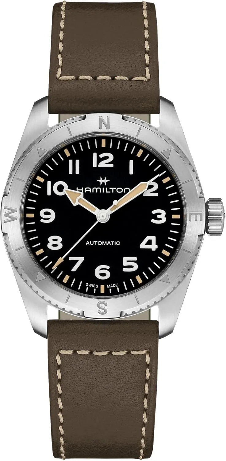 Hamilton Watch Khaki Field Expedition Auto | Swiss Made | 37mm Stainless Steel Case | Black Dial Analog Watch | Green Leather Strap (Model: H70225830)