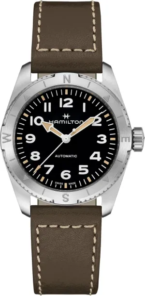 Hamilton Watch Khaki Field Expedition Auto | Swiss Made | 37mm Stainless Steel Case | Black Dial Analog Watch | Green Leather Strap (Model: H70225830)
