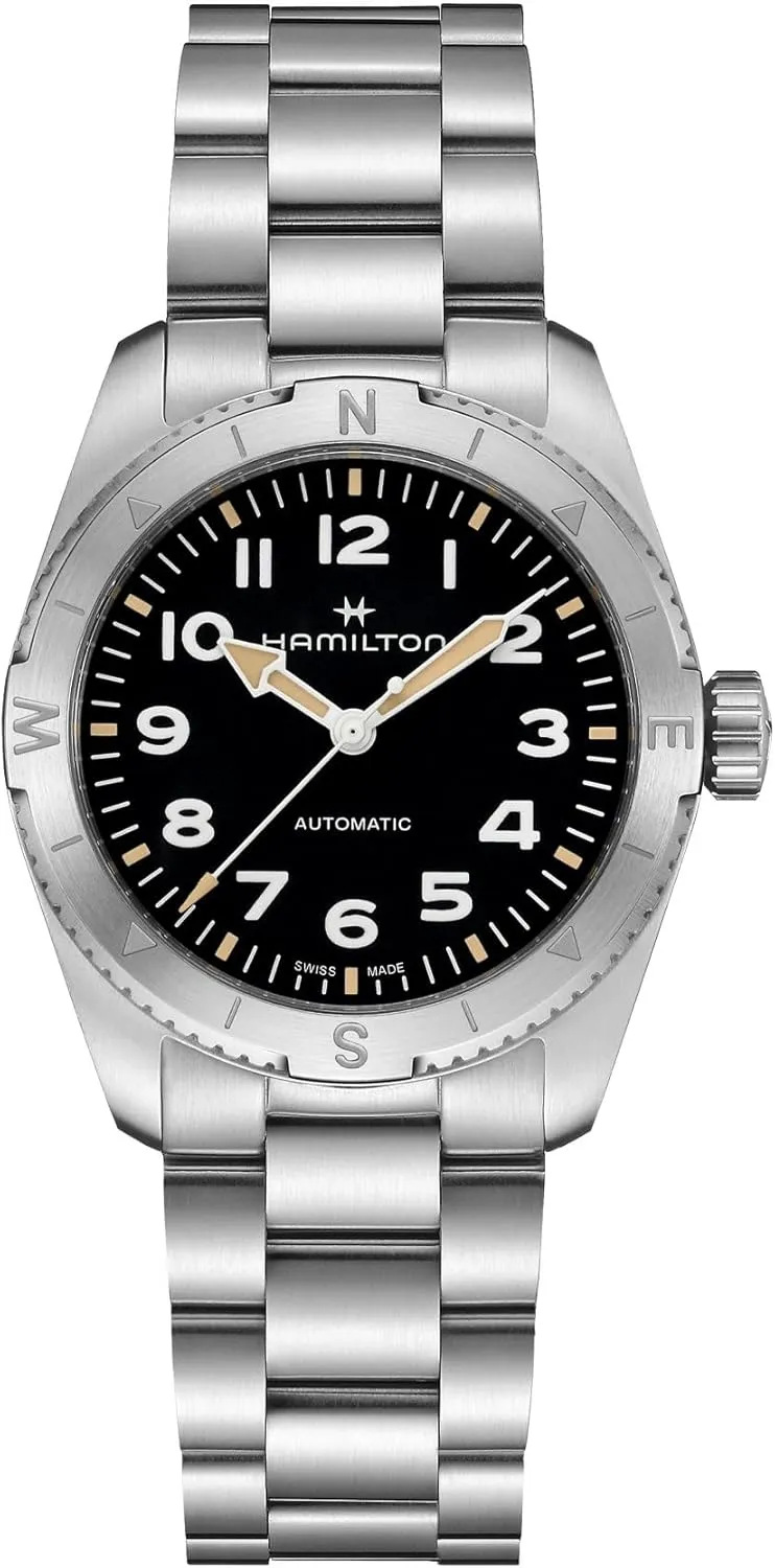 Hamilton Watch Khaki Field Expedition Auto | Swiss Made | 37mm Stainless Steel Case | Black Dial Analog Watch | Silver Stainless Steel Bracelet (Model: H70225130)