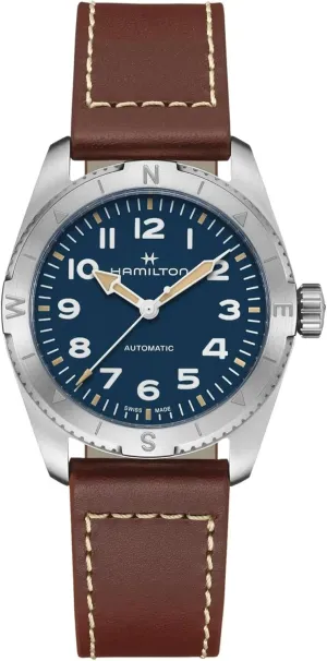 Hamilton Watch Khaki Field Expedition Auto | Swiss Made | 37mm Stainless Steel Case | Blue Dial Analog Watch | Brown Leather Strap (Model: H70225540)