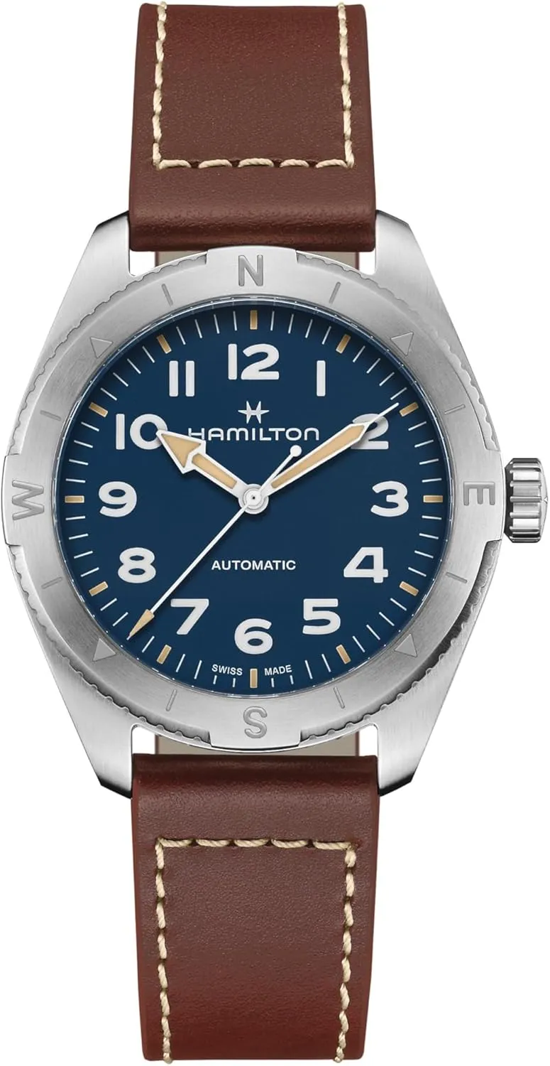 Hamilton Watch Khaki Field Expedition Auto | Swiss Made | 41mm Stainless Steel Case | Blue Dial Analog Watch | Brown Leather Strap (Model: H70315540)