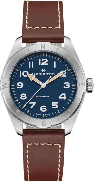 Hamilton Watch Khaki Field Expedition Auto | Swiss Made | 41mm Stainless Steel Case | Blue Dial Analog Watch | Brown Leather Strap (Model: H70315540)