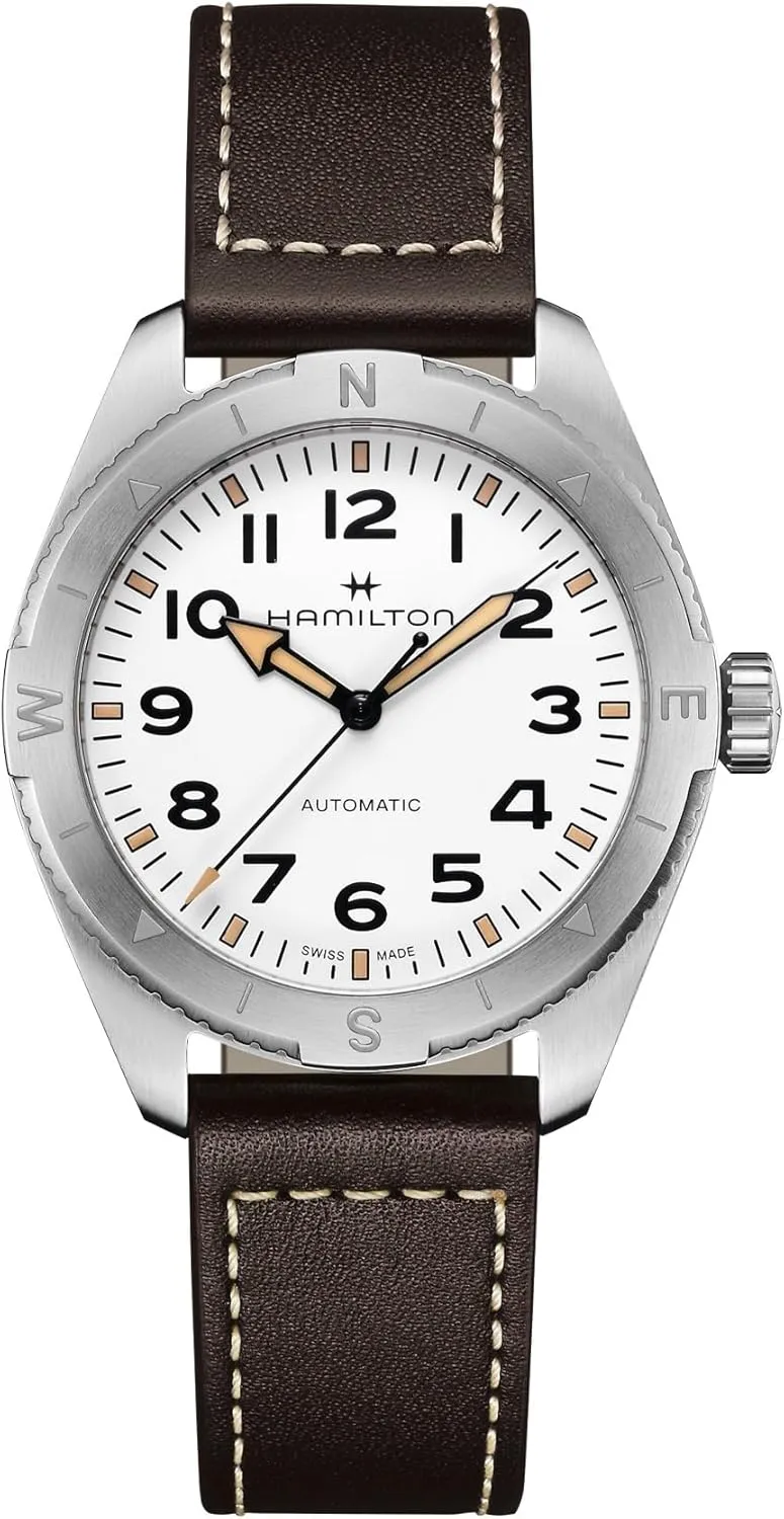 Hamilton Watch Khaki Field Expedition Auto | Swiss Made | 41mm Stainless Steel Case | White Dial Analog Watch | Brown Leather Strap (Model: H70315510)